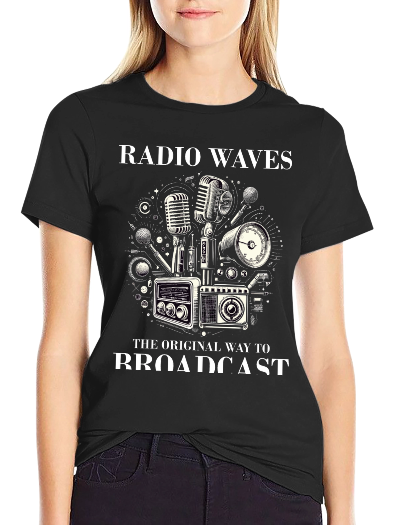 Black Retro Radio Waves Broadcast Graphic Tee view 2