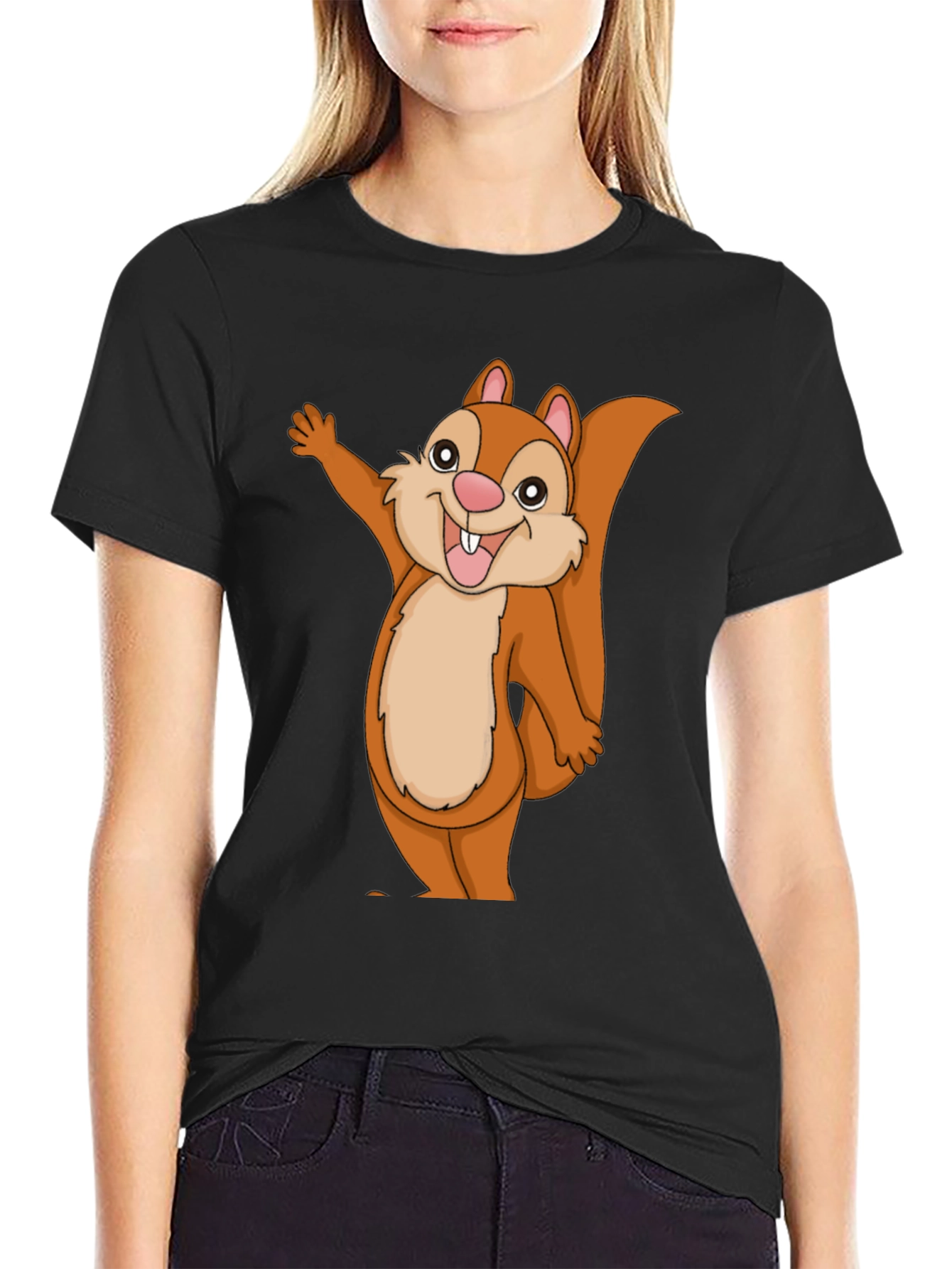 Black Cute Cartoon Squirrel Graphic T-Shirt view 2