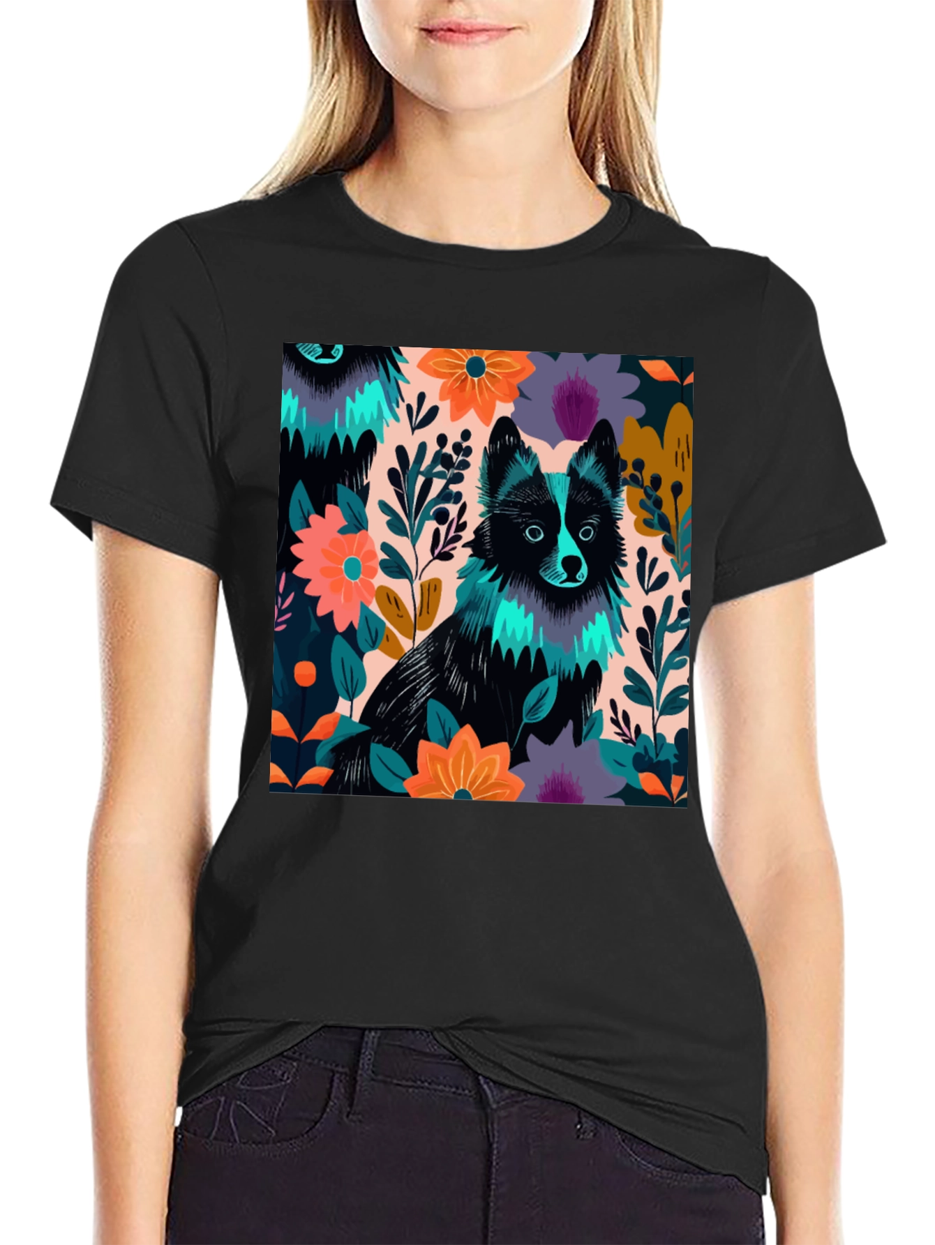 Black Floral Dog Graphic Tee view 2