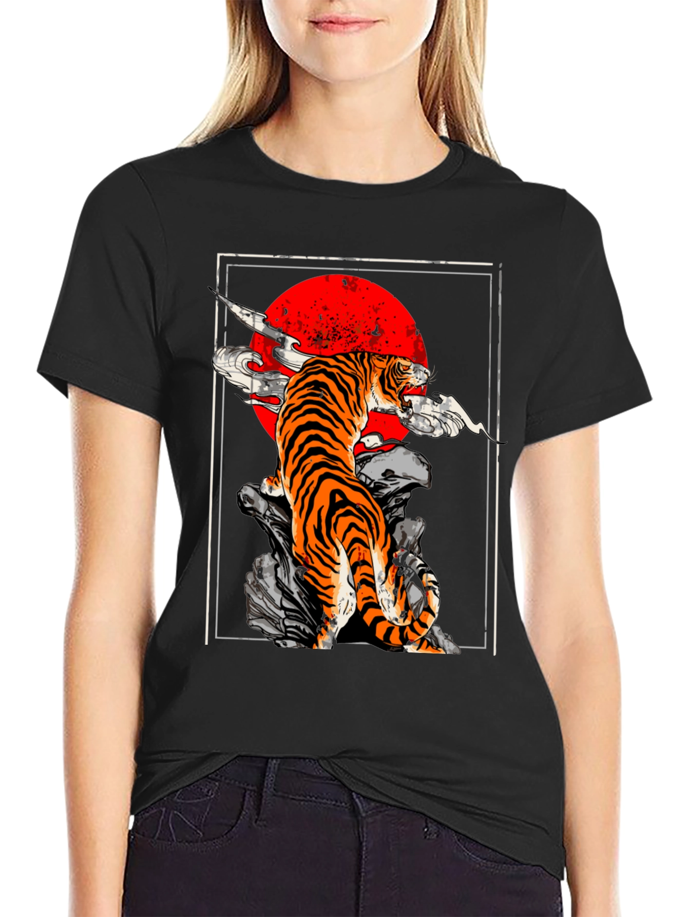 Black Tiger Red Sun Graphic Tee - Black Cotton T-Shirt view 2