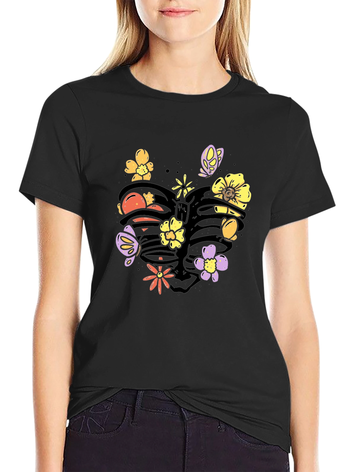 Black Floral Rib Cage Graphic Tee - Black Cotton T-Shirt view 2