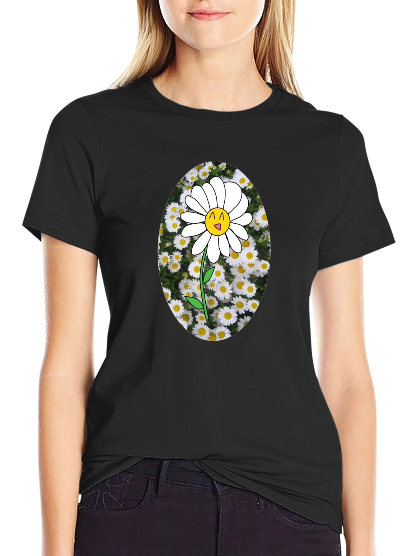 Black Black T-Shirt with Daisy Graphic view 2