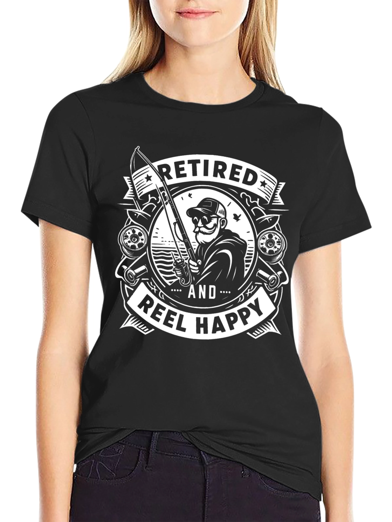 Black Retired and Reel Happy Fishing T-Shirt view 2