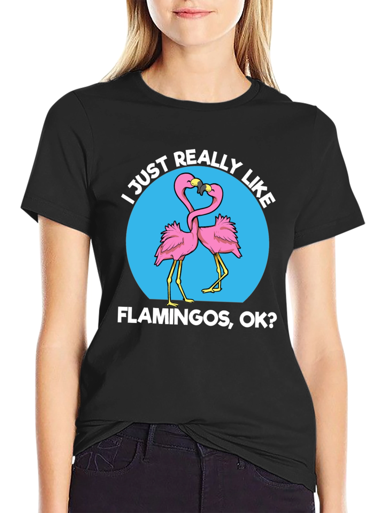 Black I Just Really Like Flamingos OK? Graphic T-Shirt view 2