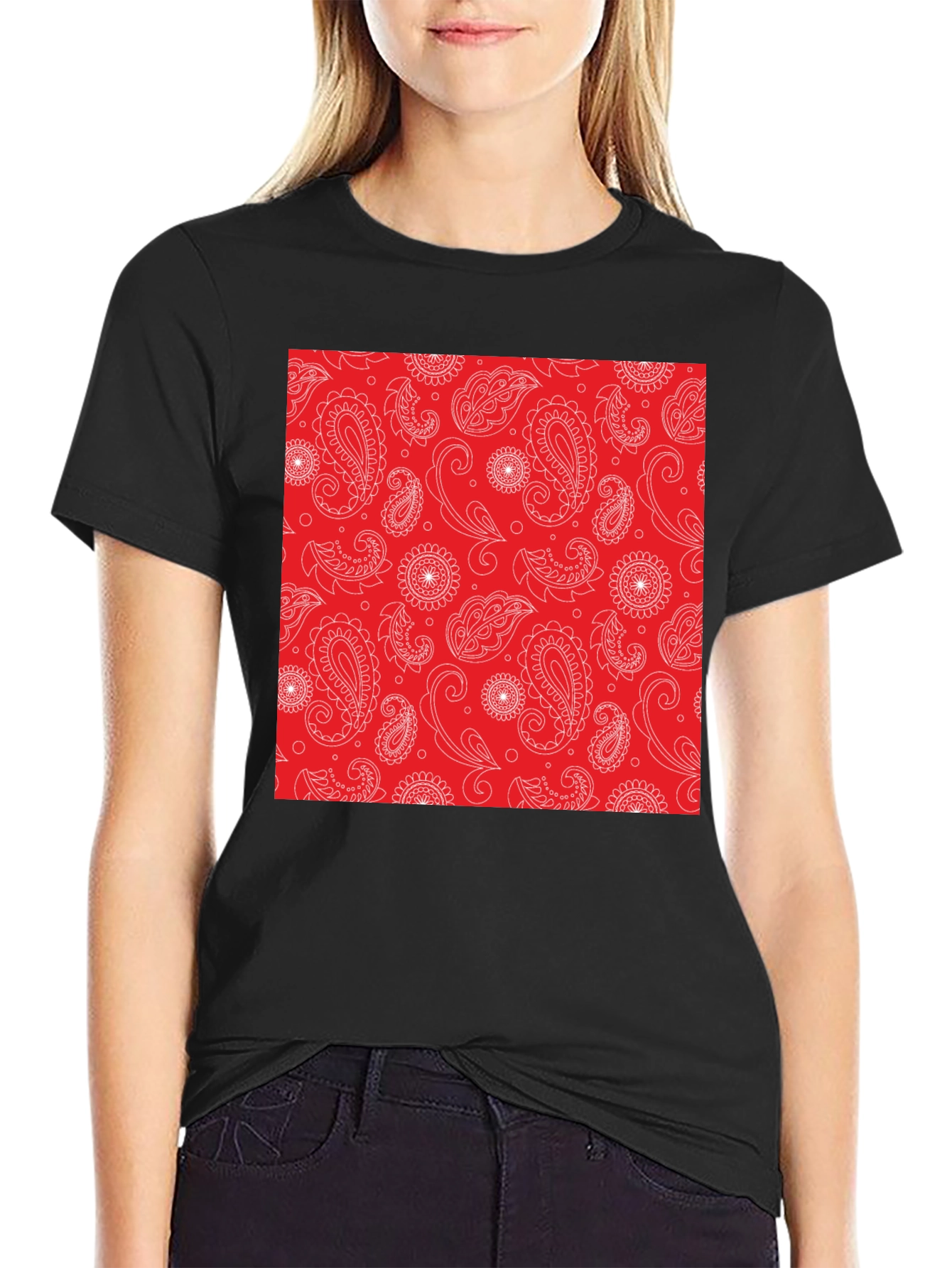 Black Red Paisley Patterned T-Shirt - Classic Style view 2