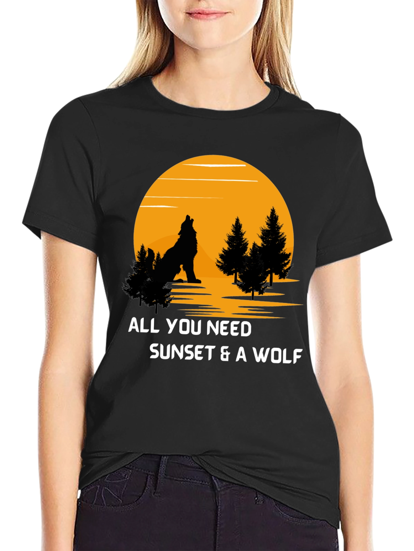 Black Sunset Wolf Graphic T-Shirt view 2
