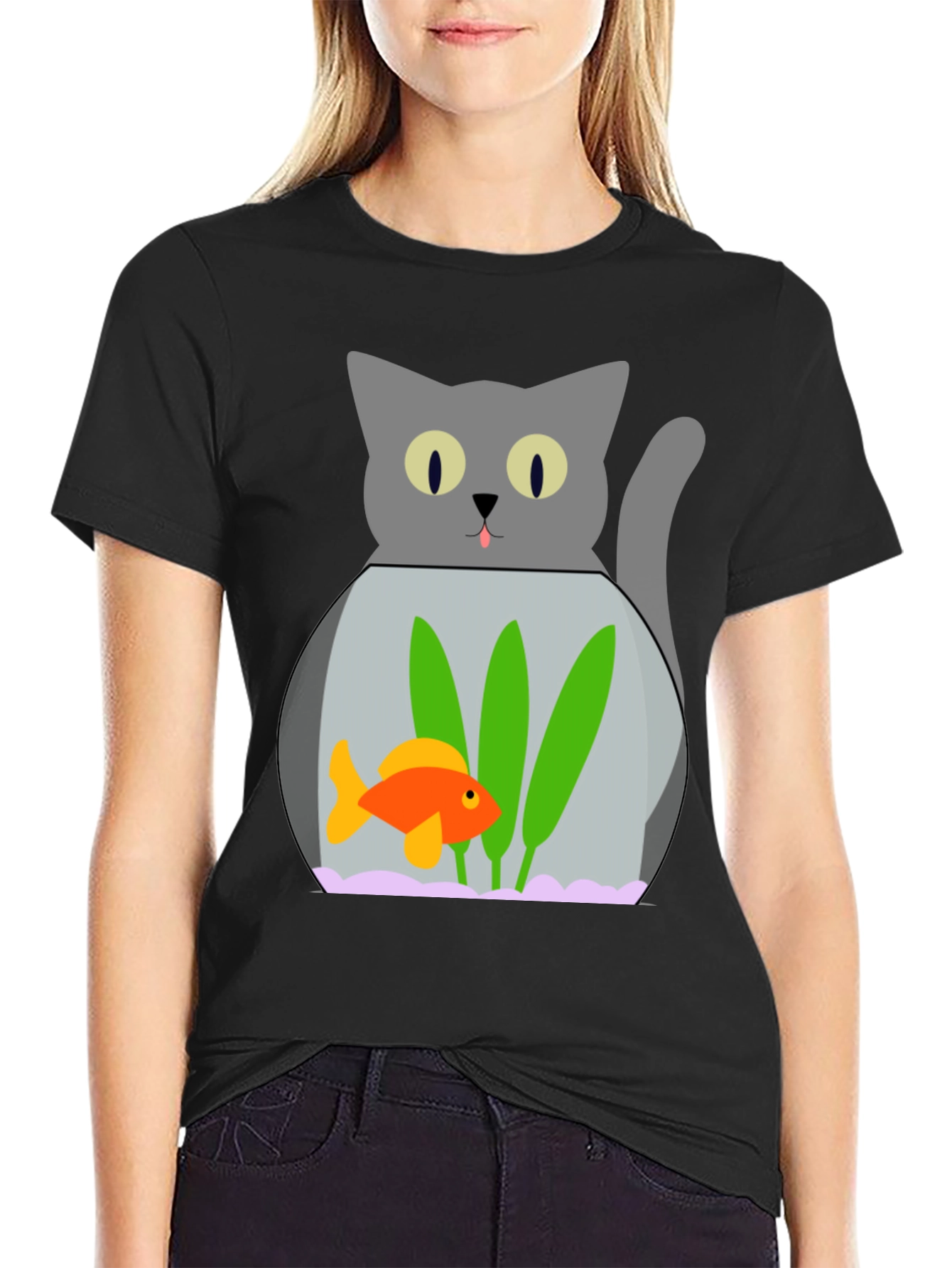 Black Cat & Goldfish Bowl Graphic T-Shirt - Novelty Tee view 2