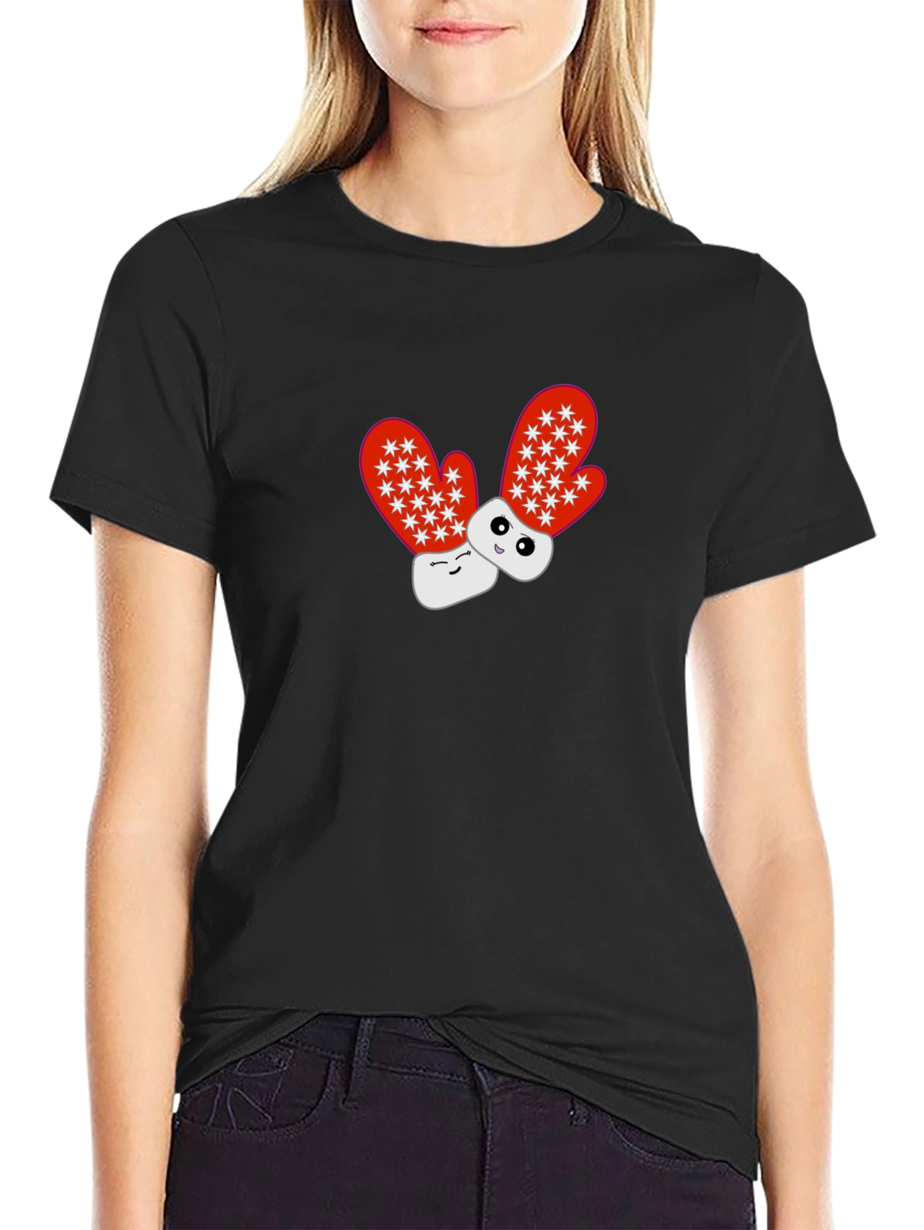 Black Cute Cartoon Mittens Black T-Shirt view 2