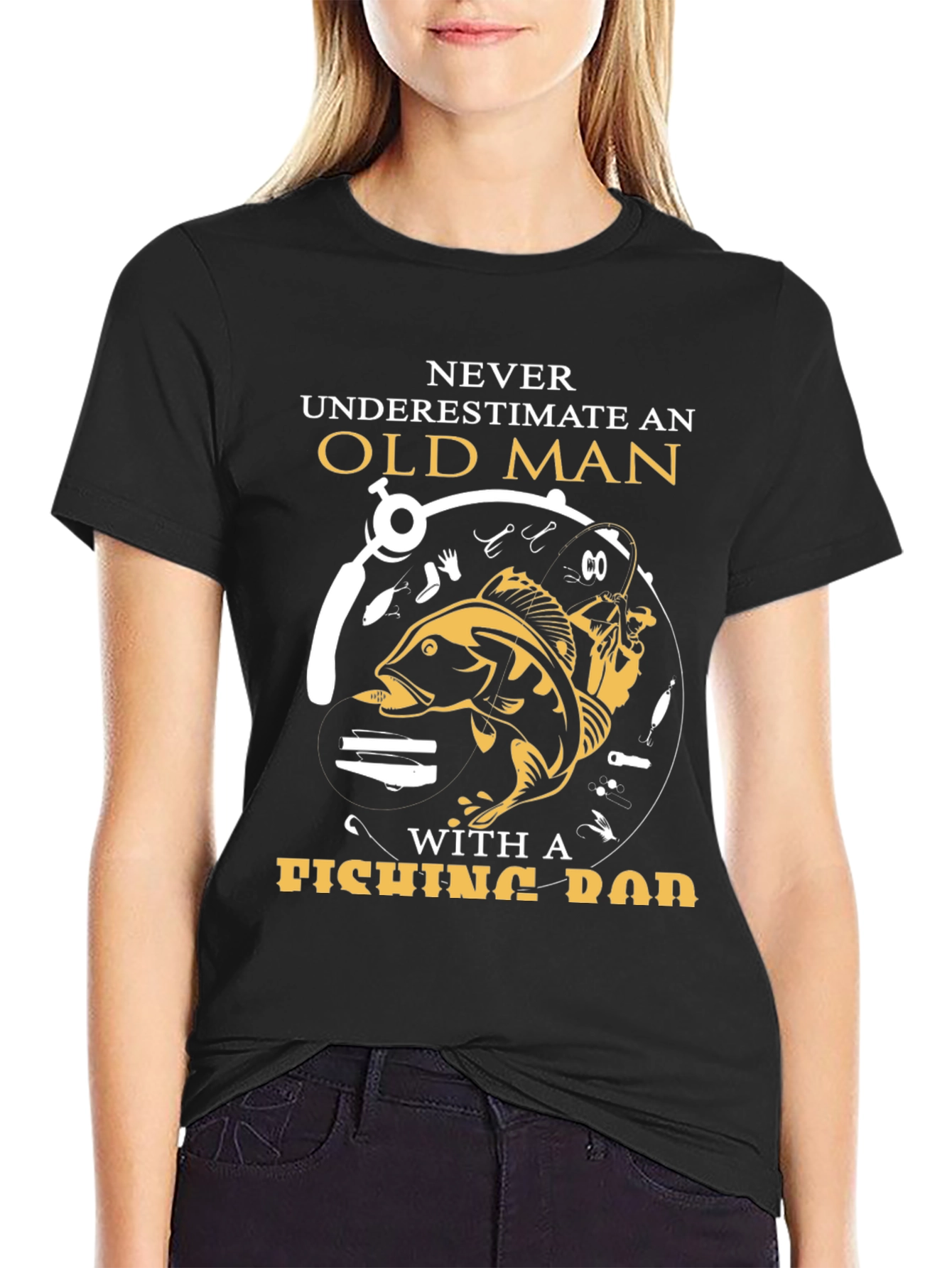 Black Never Underestimate Old Man Fishing Rod T-Shirt view 2