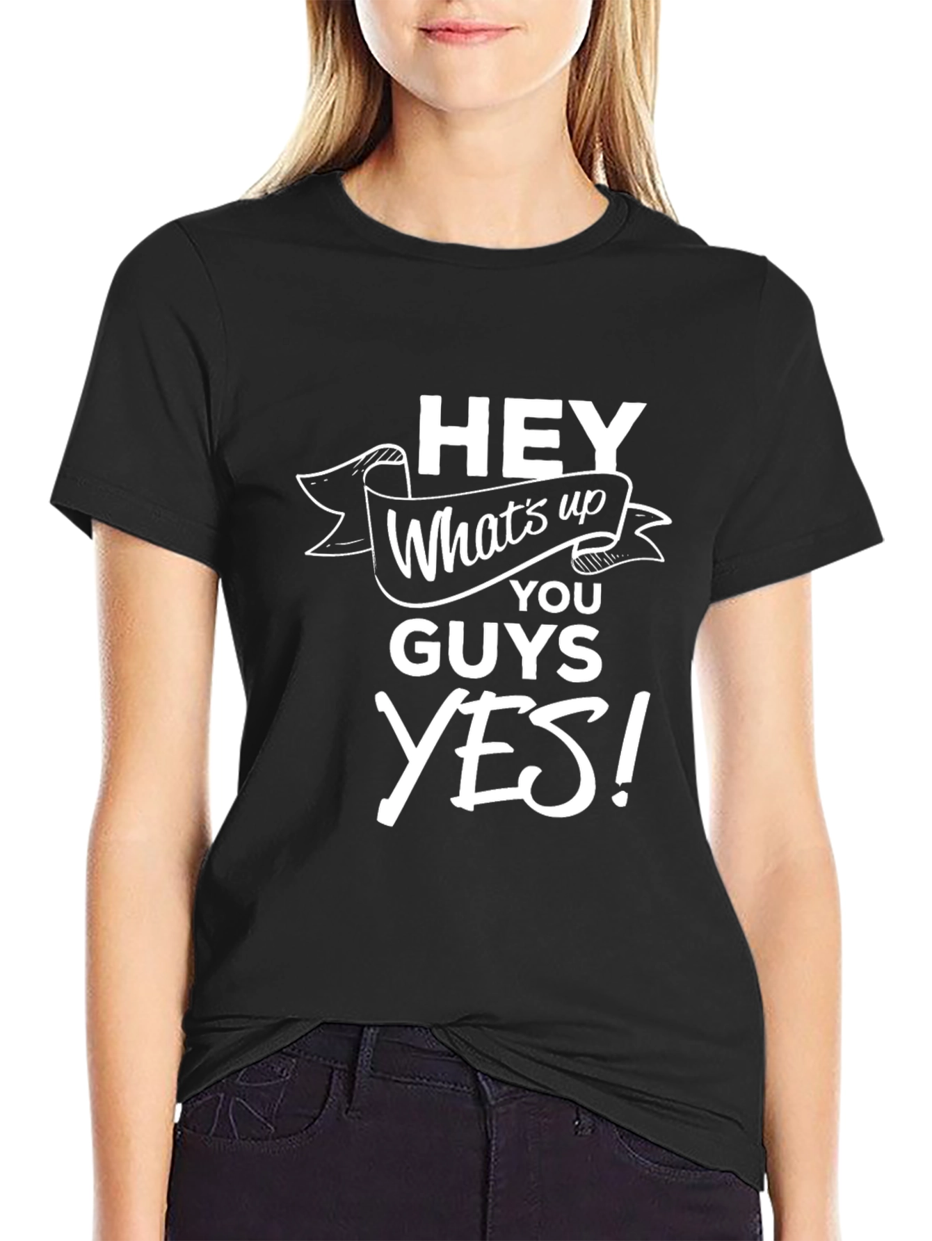 Black Hey What's Up Graphic Tee - Soft Black Cotton Blend T-Shirt view 2