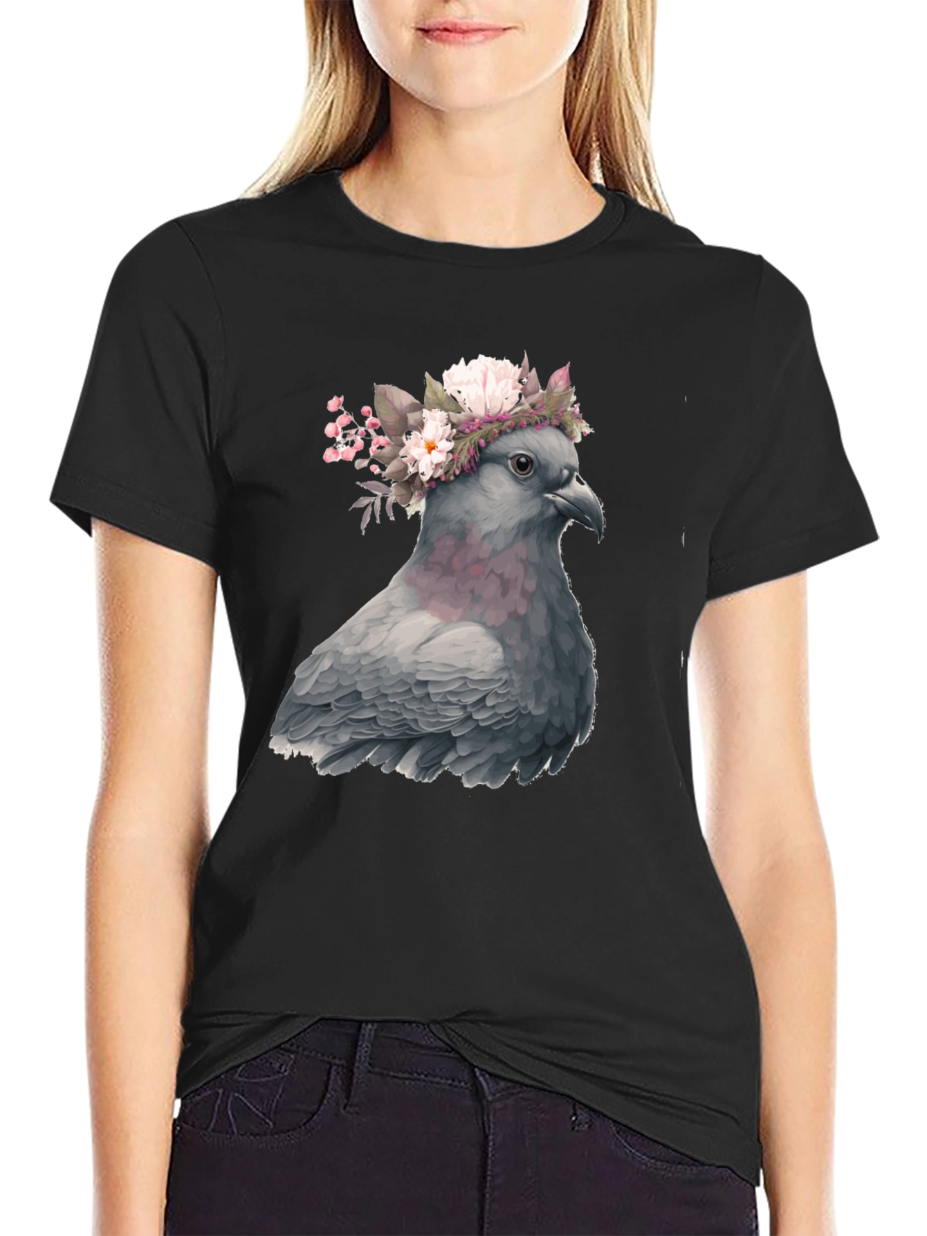 Black Pigeon Floral Crown Graphic Tee - Unique Bird Lover's Shirt view 2