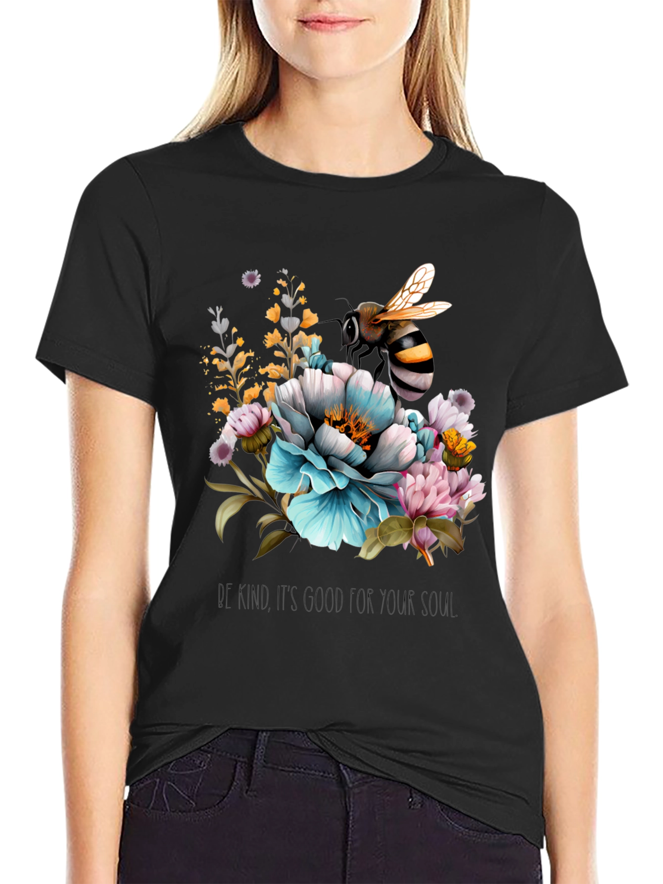 Black Floral Bee Graphic Tee - Black Cotton Blend view 2