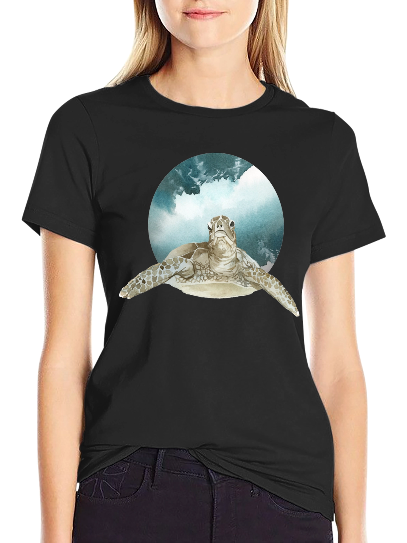 Black Sea Turtle Graphic Print Black T-Shirt view 2