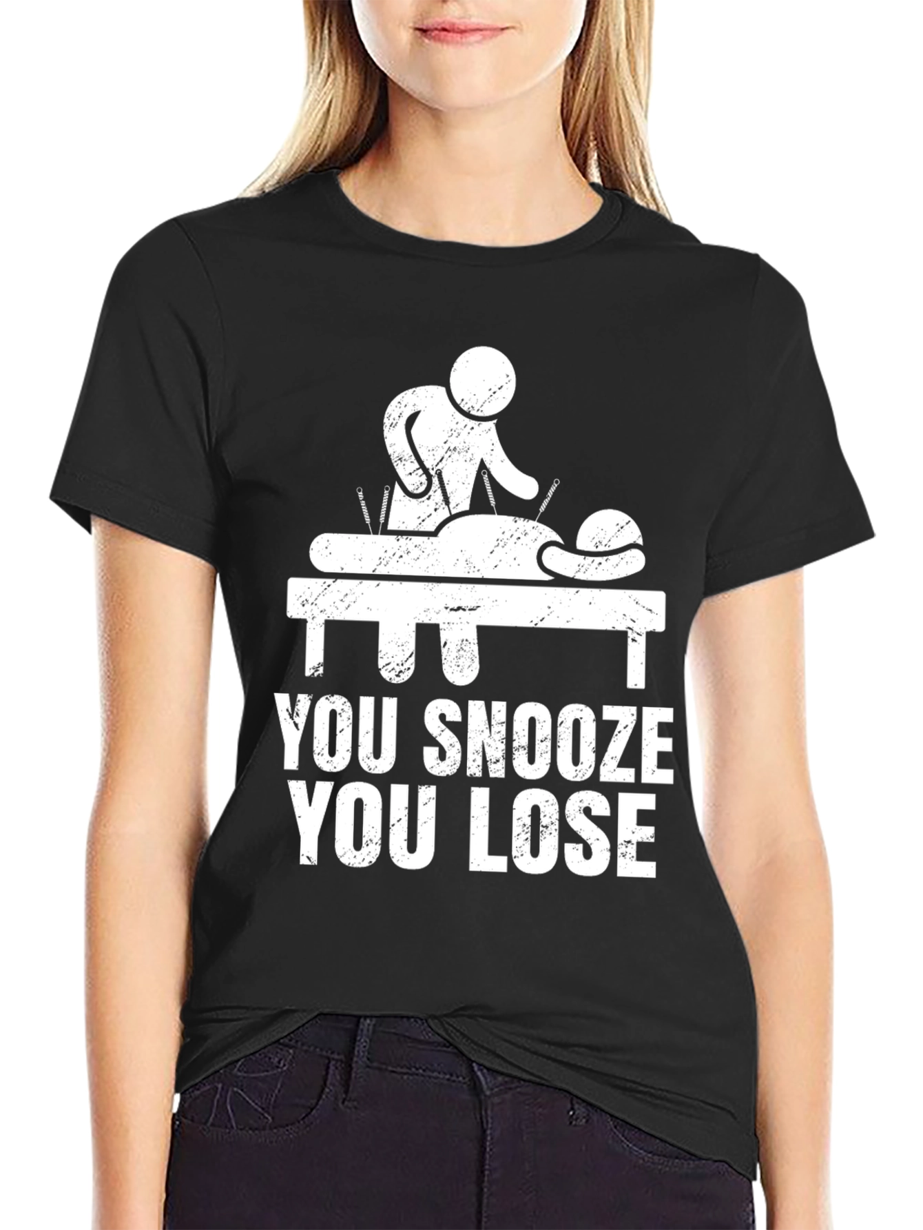 Black Acupuncture Funny Tee - You Snooze You Lose Black T-Shirt view 2