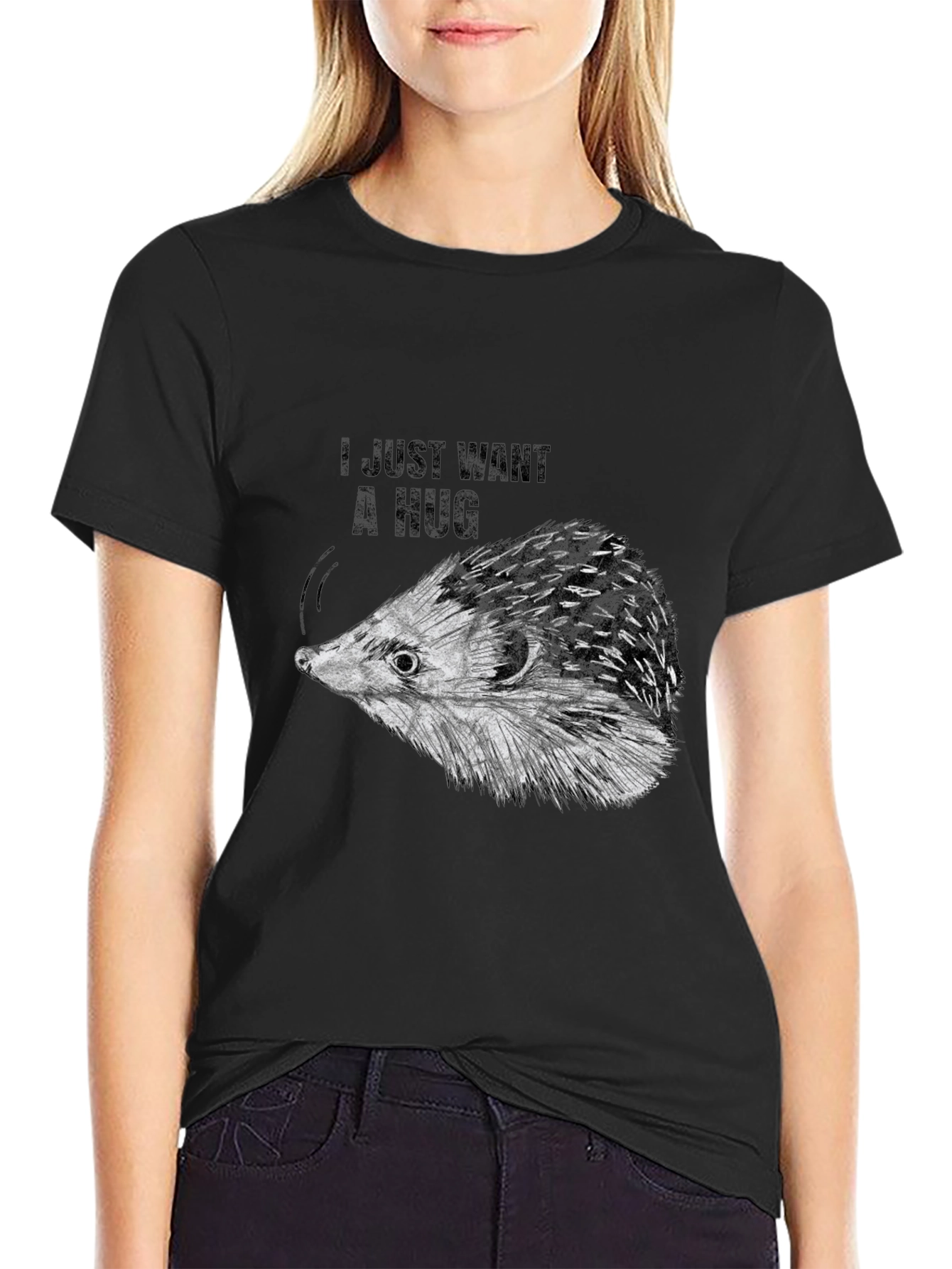 Black I Just Want A Hug Hedgehog Black T-Shirt view 2