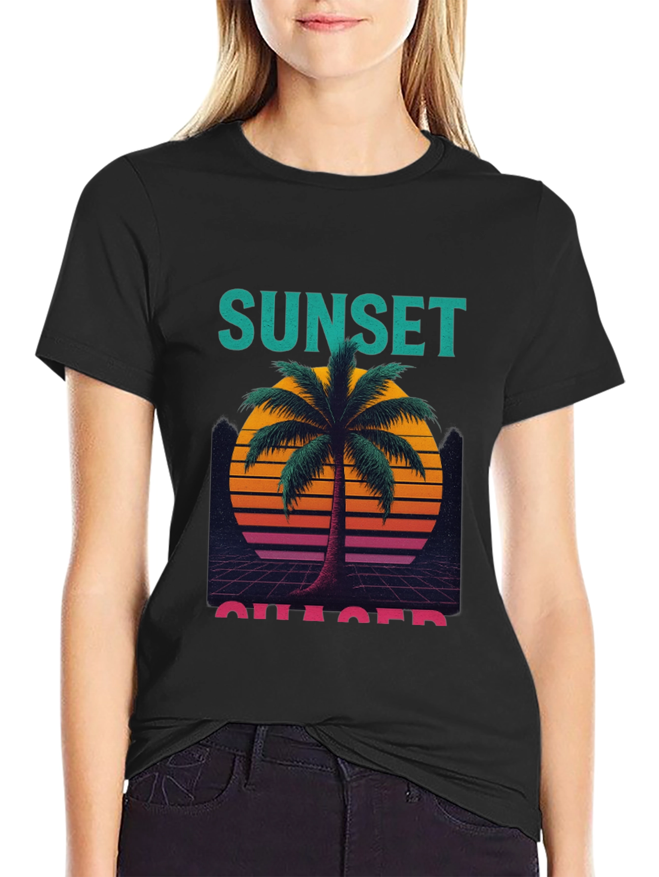 Black Sunset Chaser Graphic T-Shirt - Retro Palm Tree Design view 2