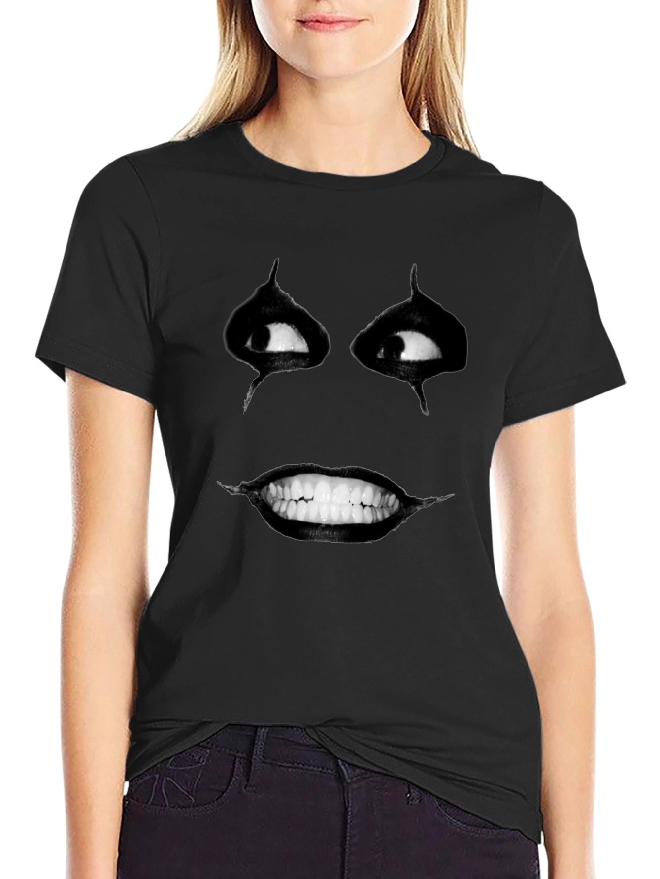 Black Creepy Smile Graphic Print Black T-Shirt view 2