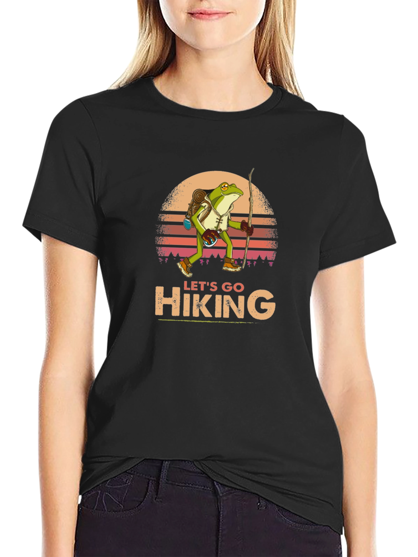 Black Let's Go Hiking Frog Graphic T-Shirt view 2