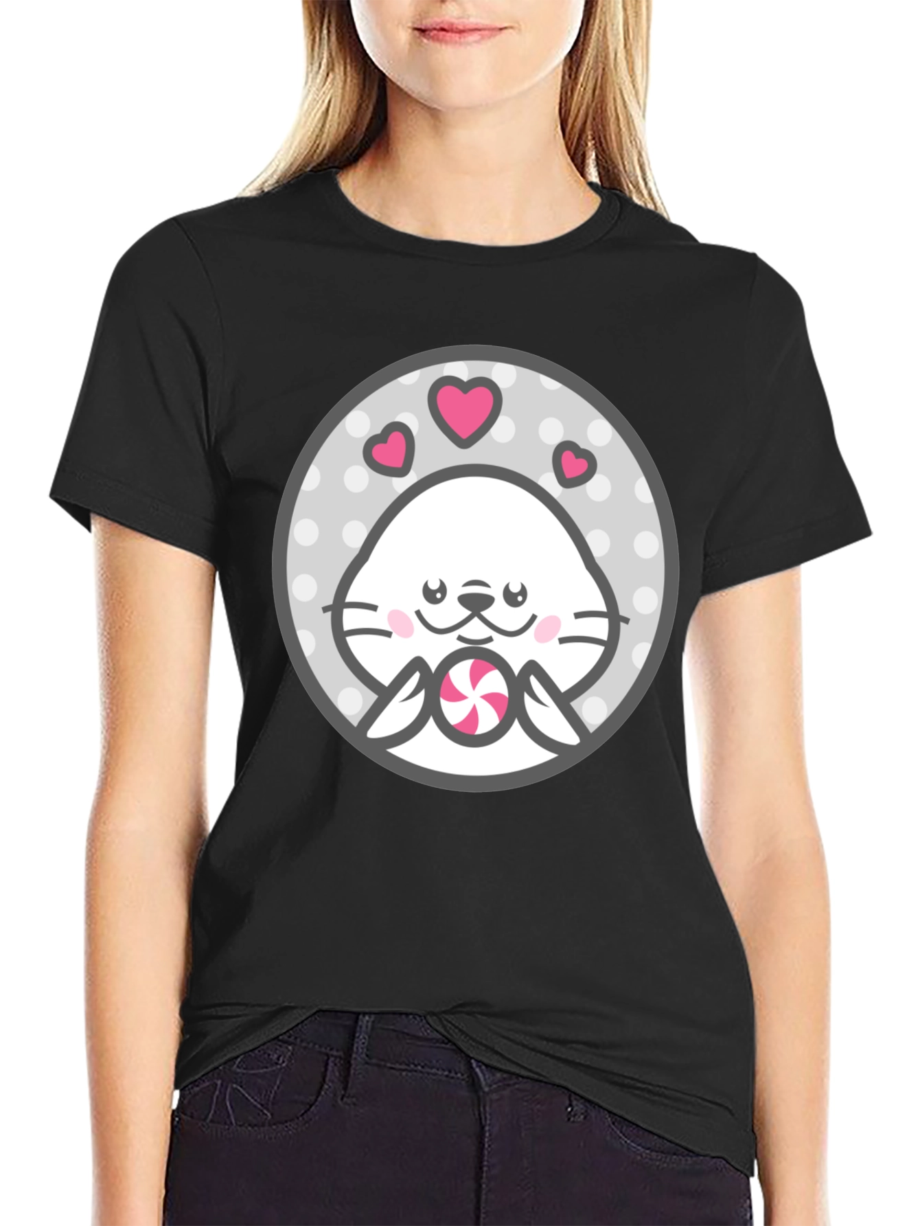 Black Kawaii Seal Lollipop Graphic Tee - Cute & Stylish Shirt view 2
