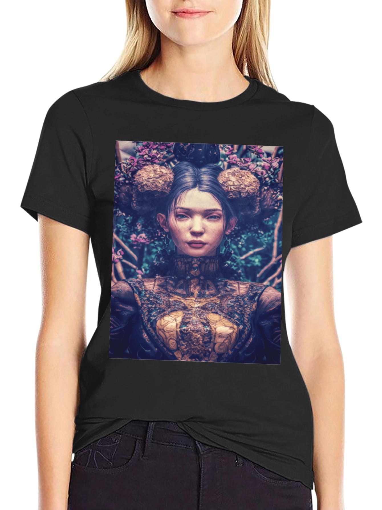 Black Artistic Floral Portrait Graphic Tee - Black view 2