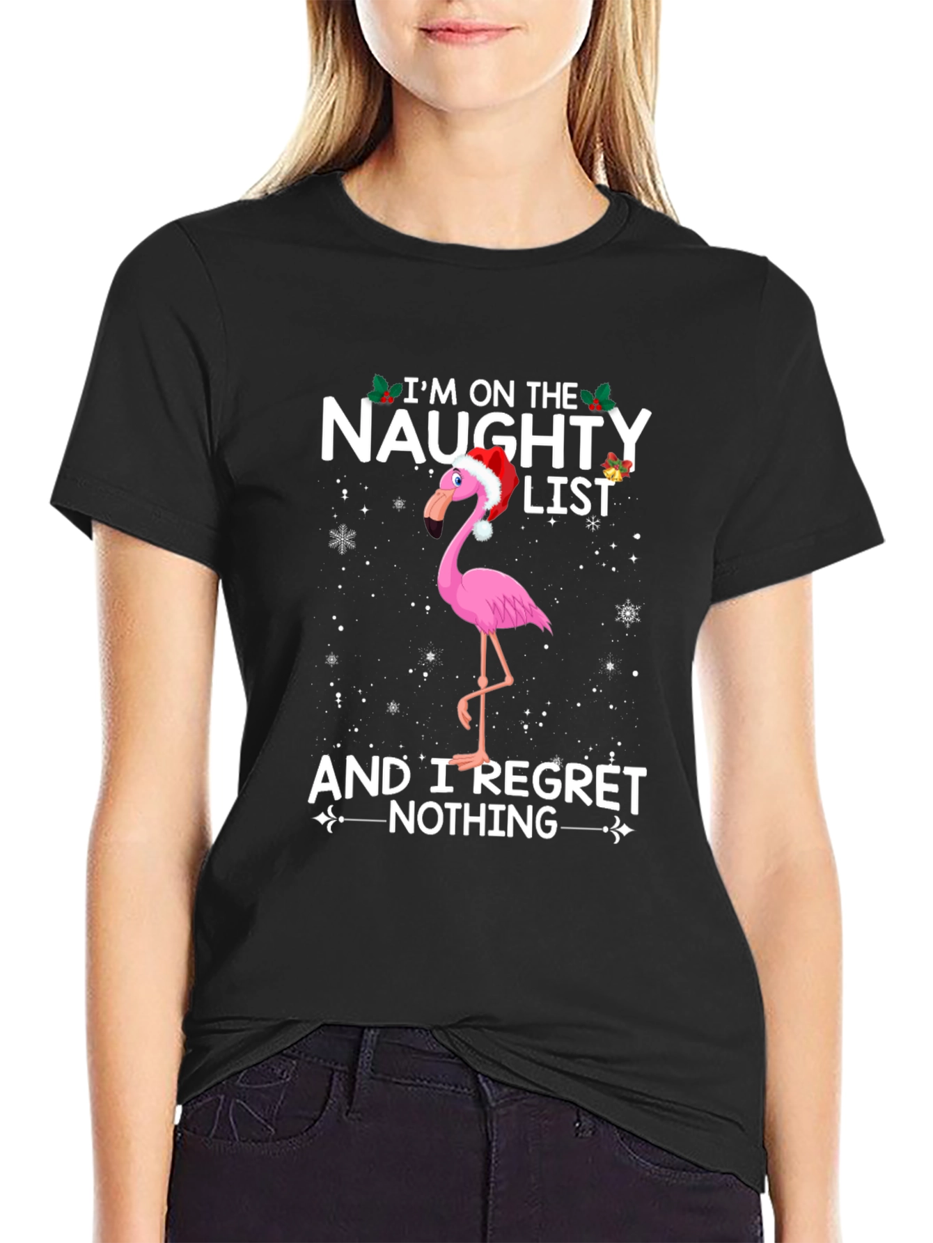 Black Naughty List Flamingo T-Shirt - Funny Holiday Graphic Tee view 2