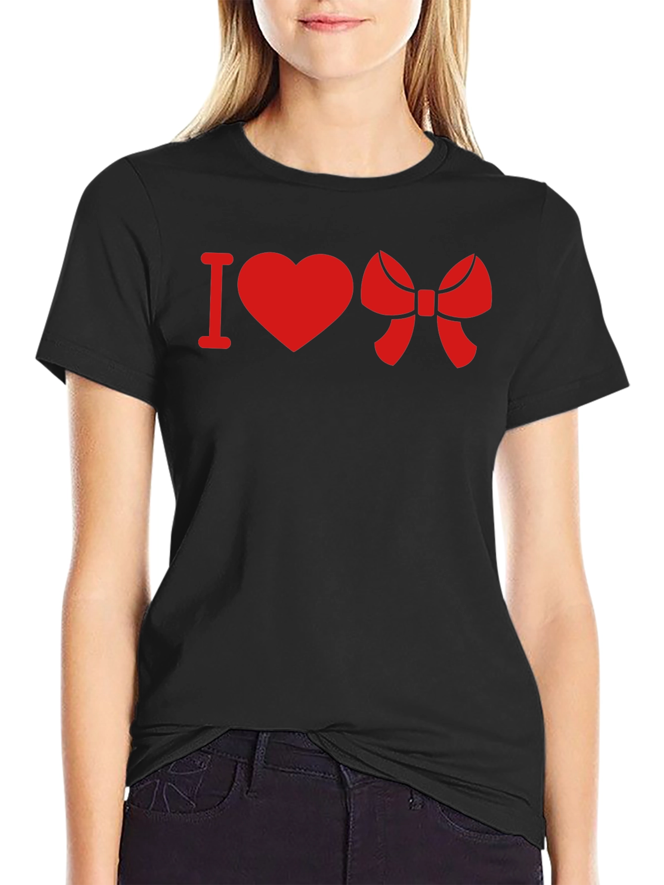 Black I Heart Bow Red Graphic T-Shirt - Casual Crew Neck Tee view 2