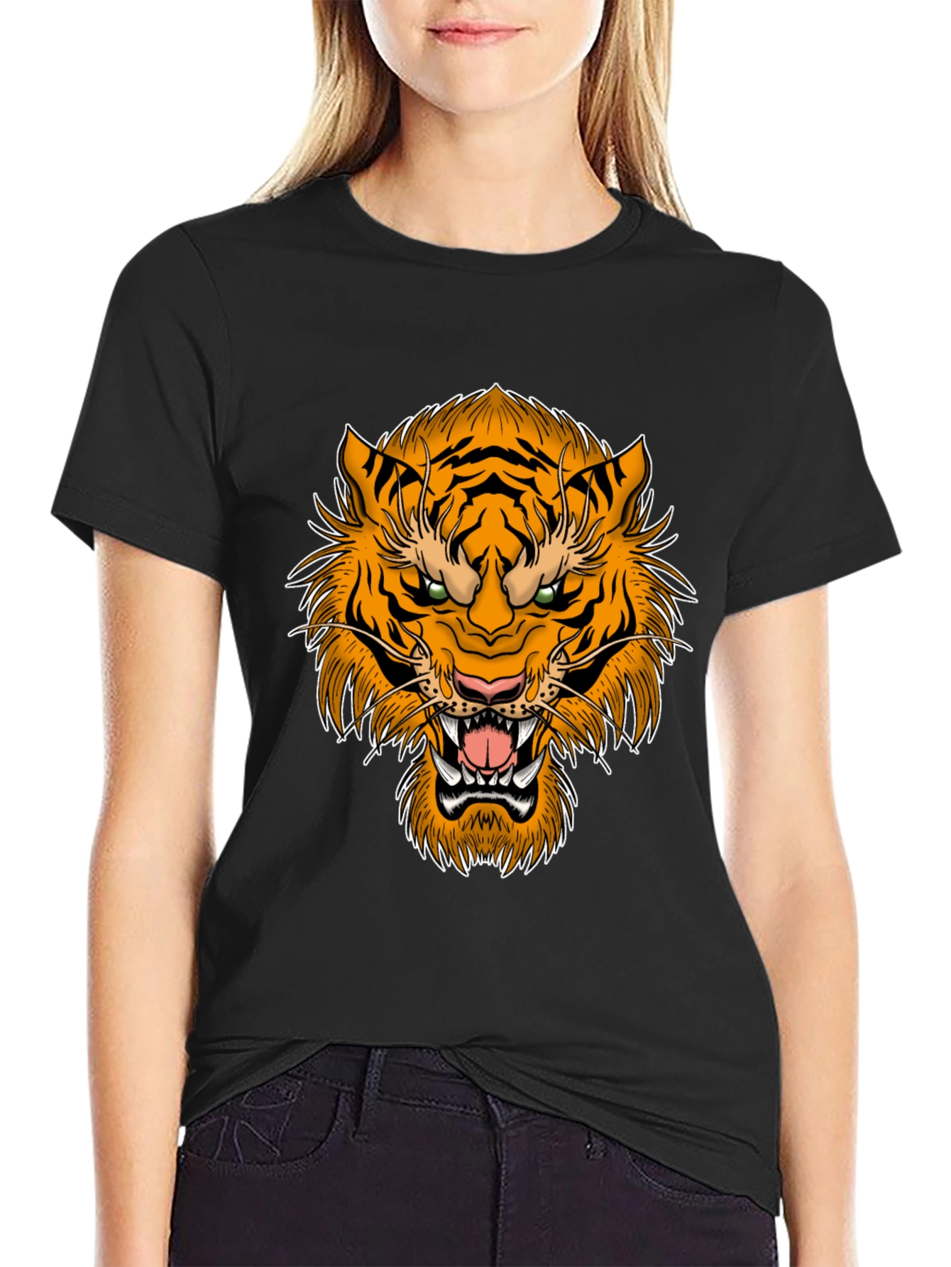 Black Bold Tiger Graphic Print Black T-Shirt view 2