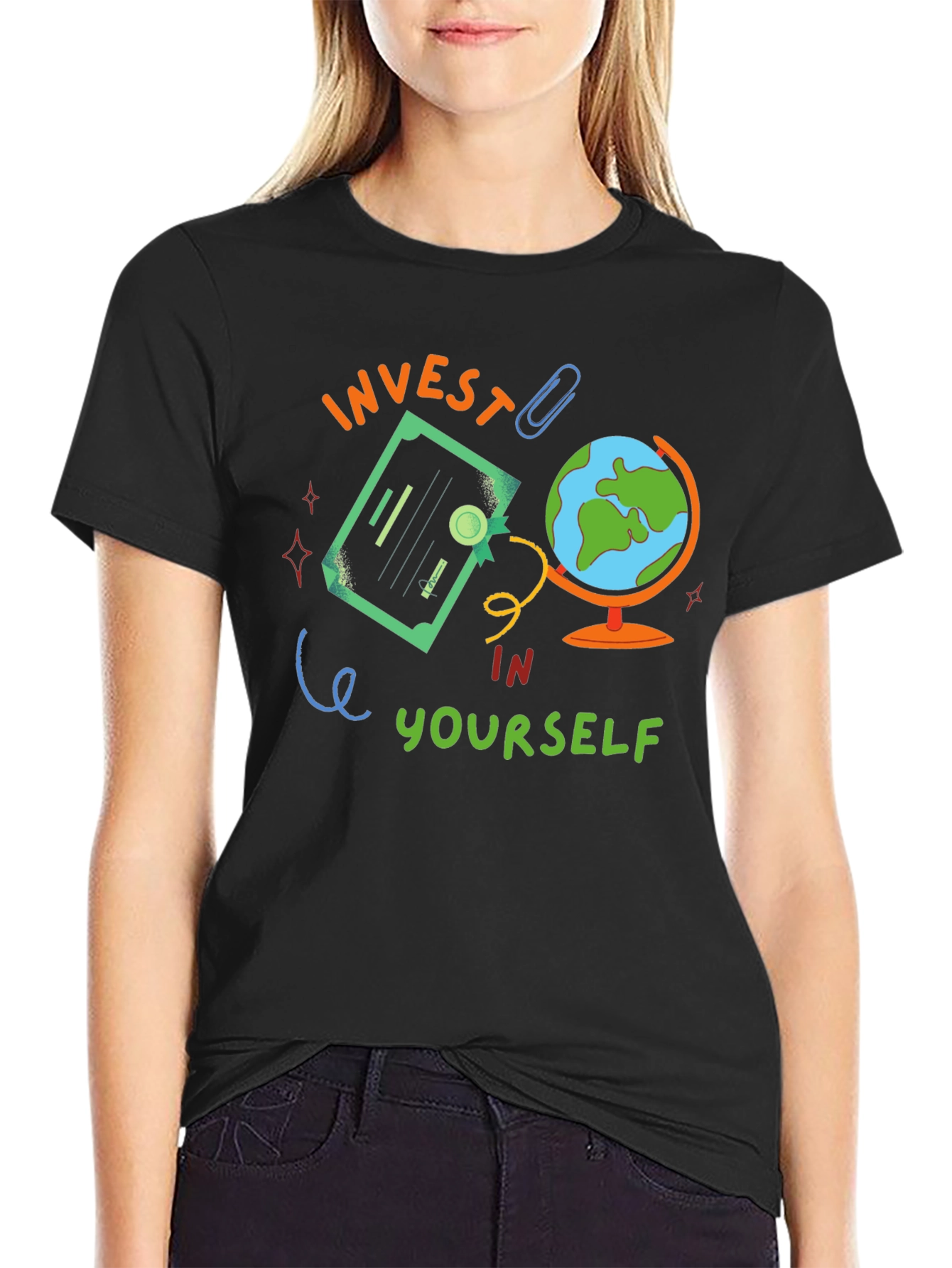 Black Invest In Yourself Graphic Tee - Motivational Black T-Shirt view 2