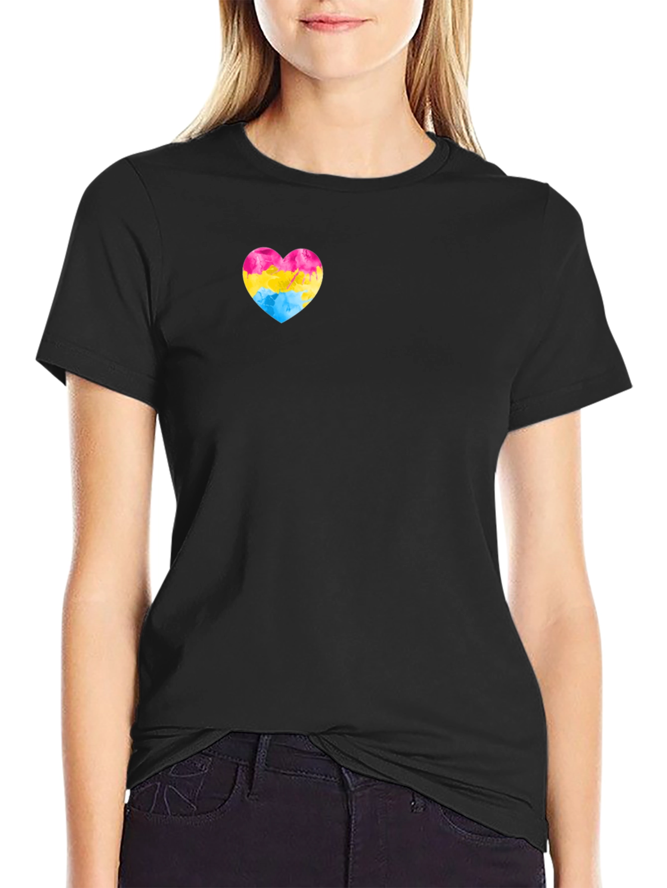 Black Pansexual Pride Heart T-Shirt - Black Cotton Tee view 2