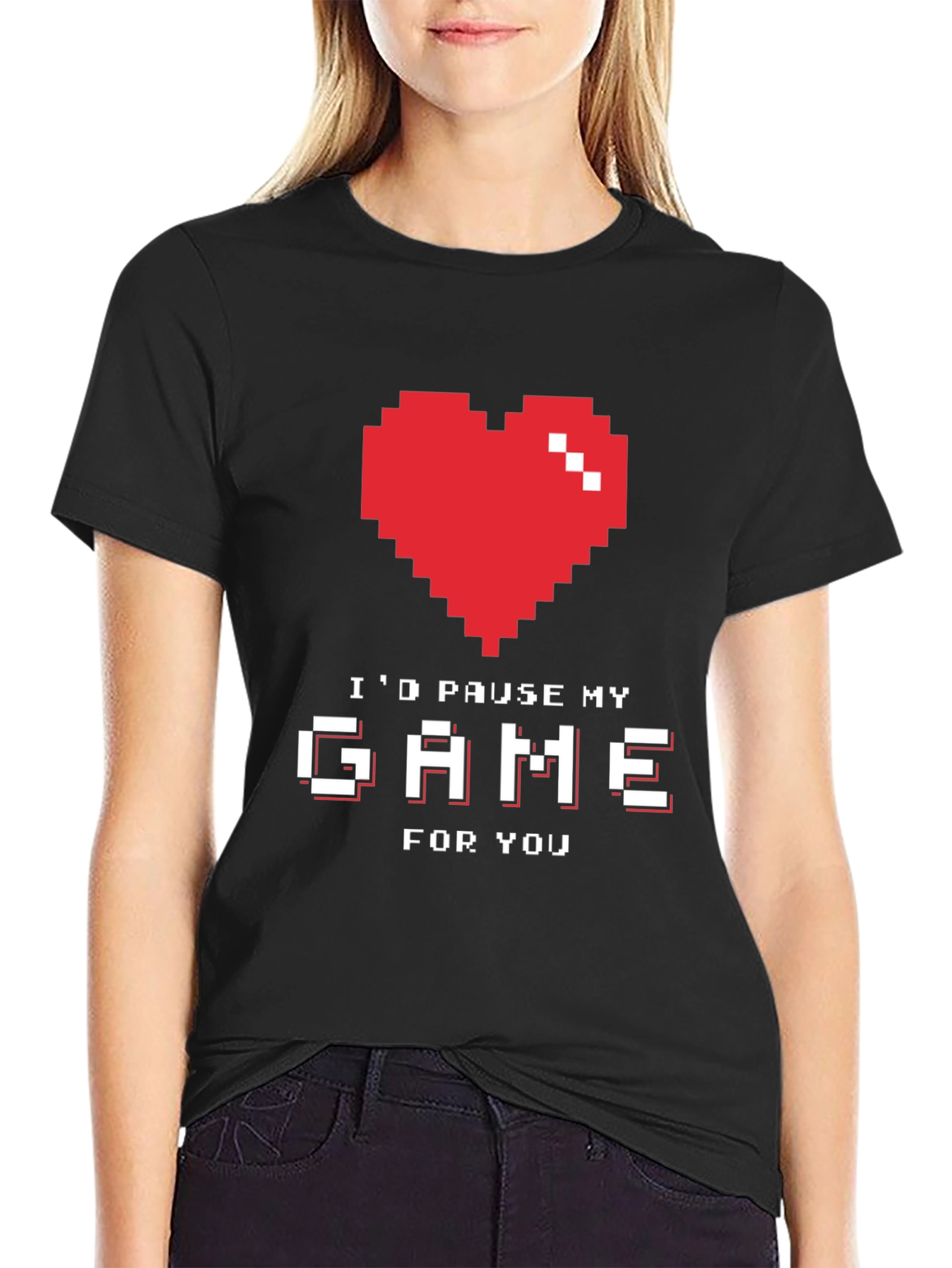 Black Gamer Love T-Shirt - I'd Pause My Game For You - Pixel Heart view 2