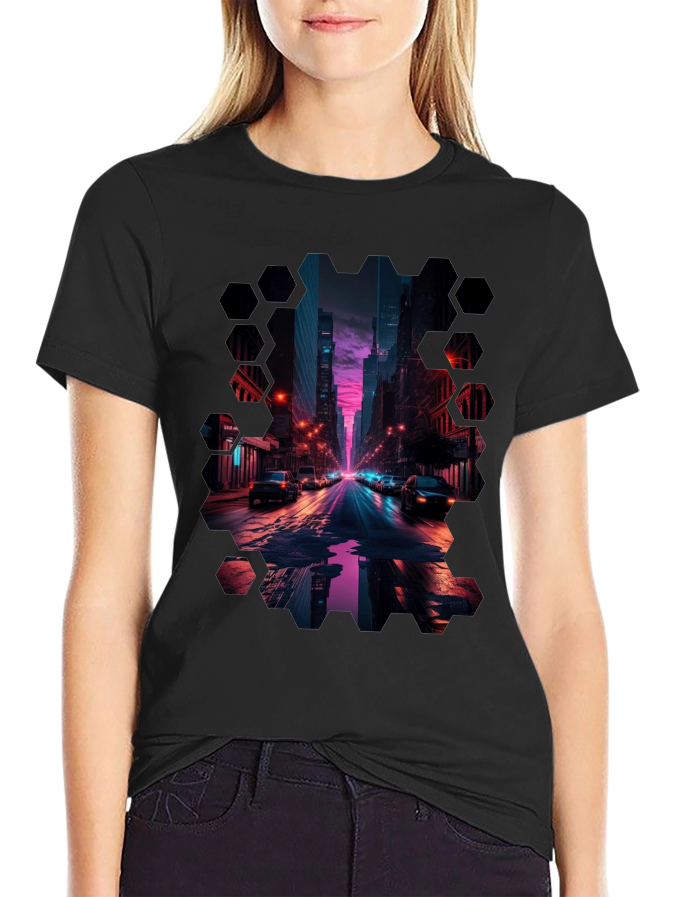 Black Cyberpunk Cityscape T-Shirt view 2