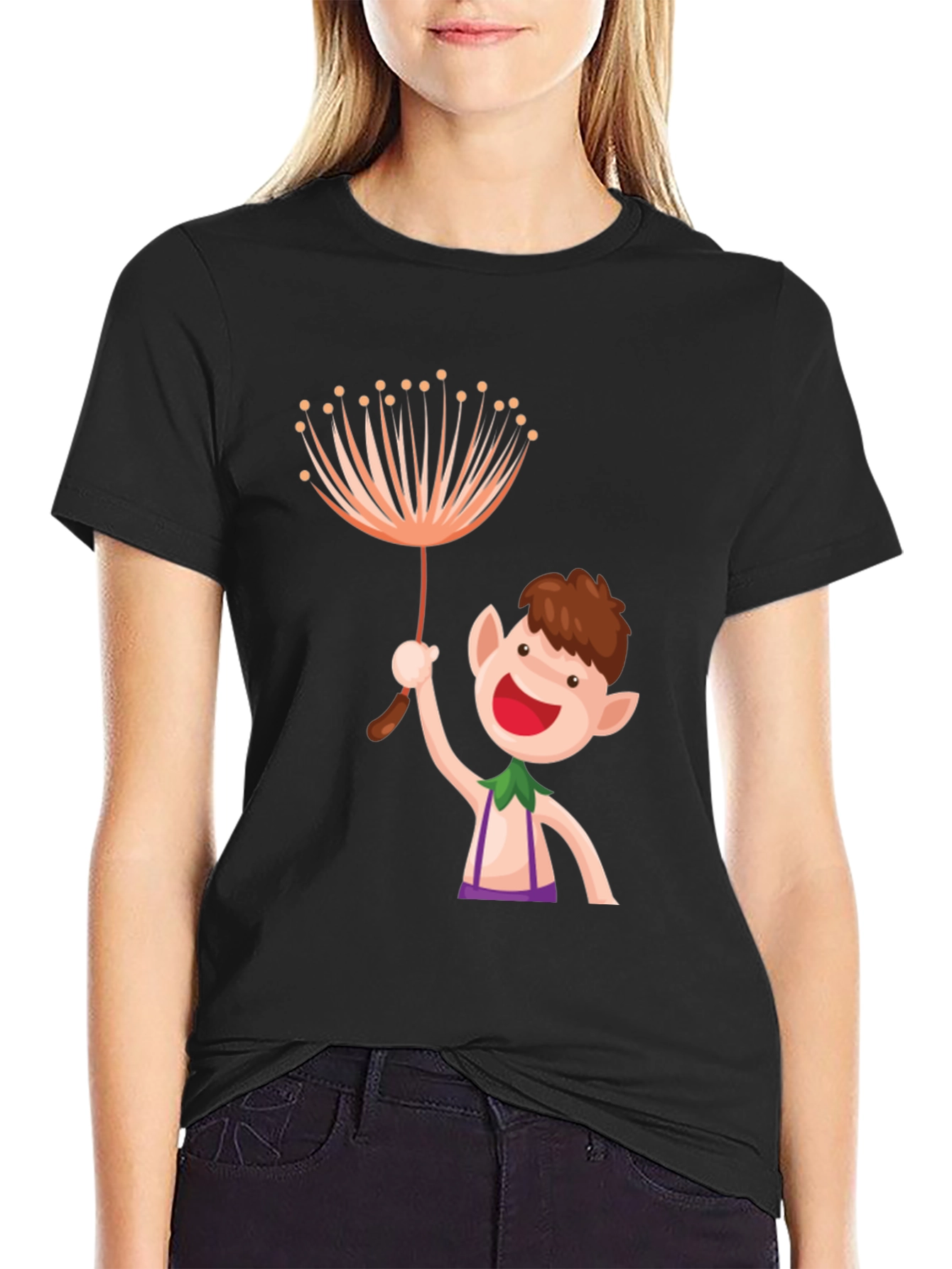 Black Whimsical Elf Graphic Tee - Black Cotton view 2