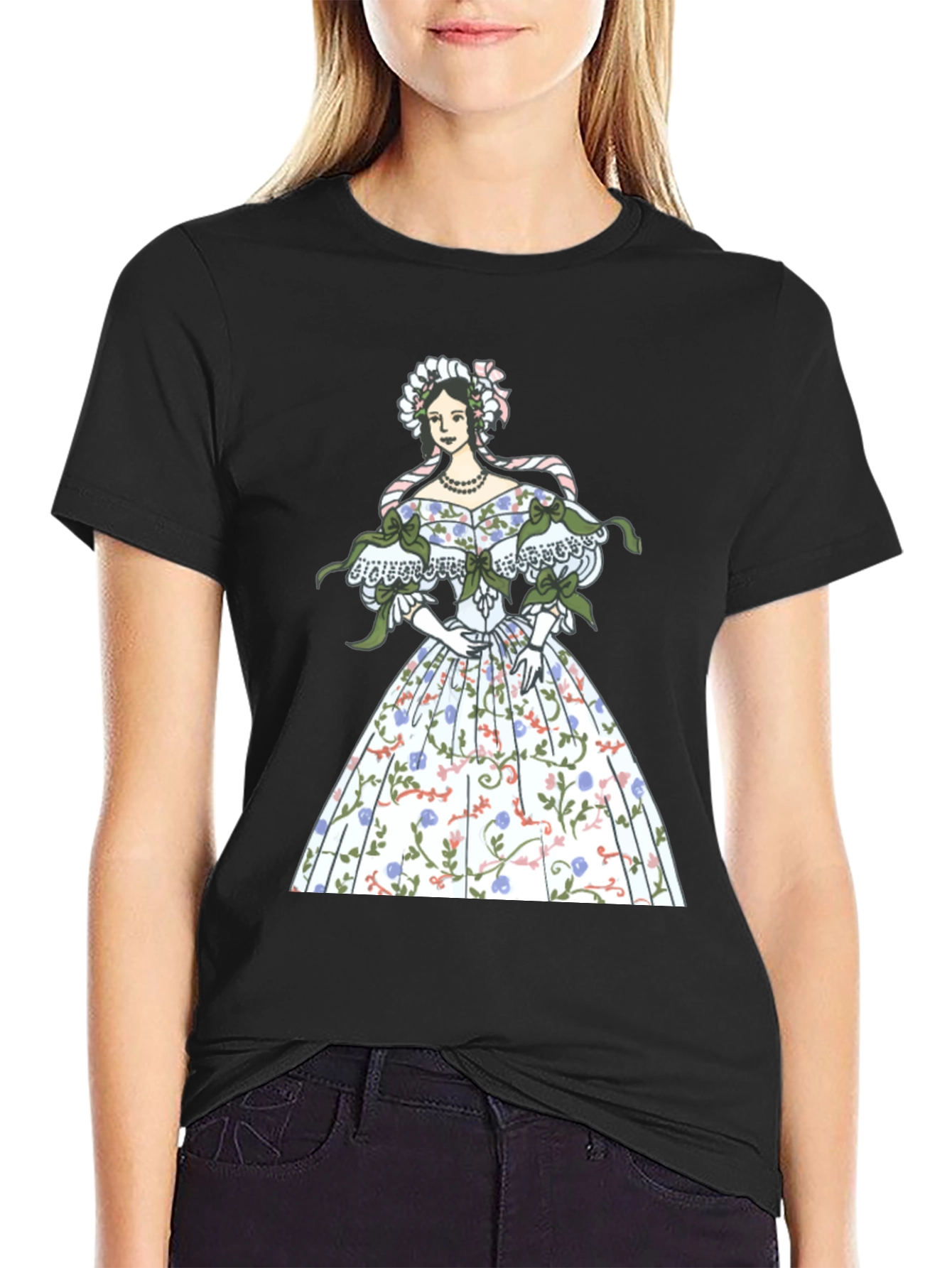 Black Elegant Floral Dress Graphic Tee - Black view 2