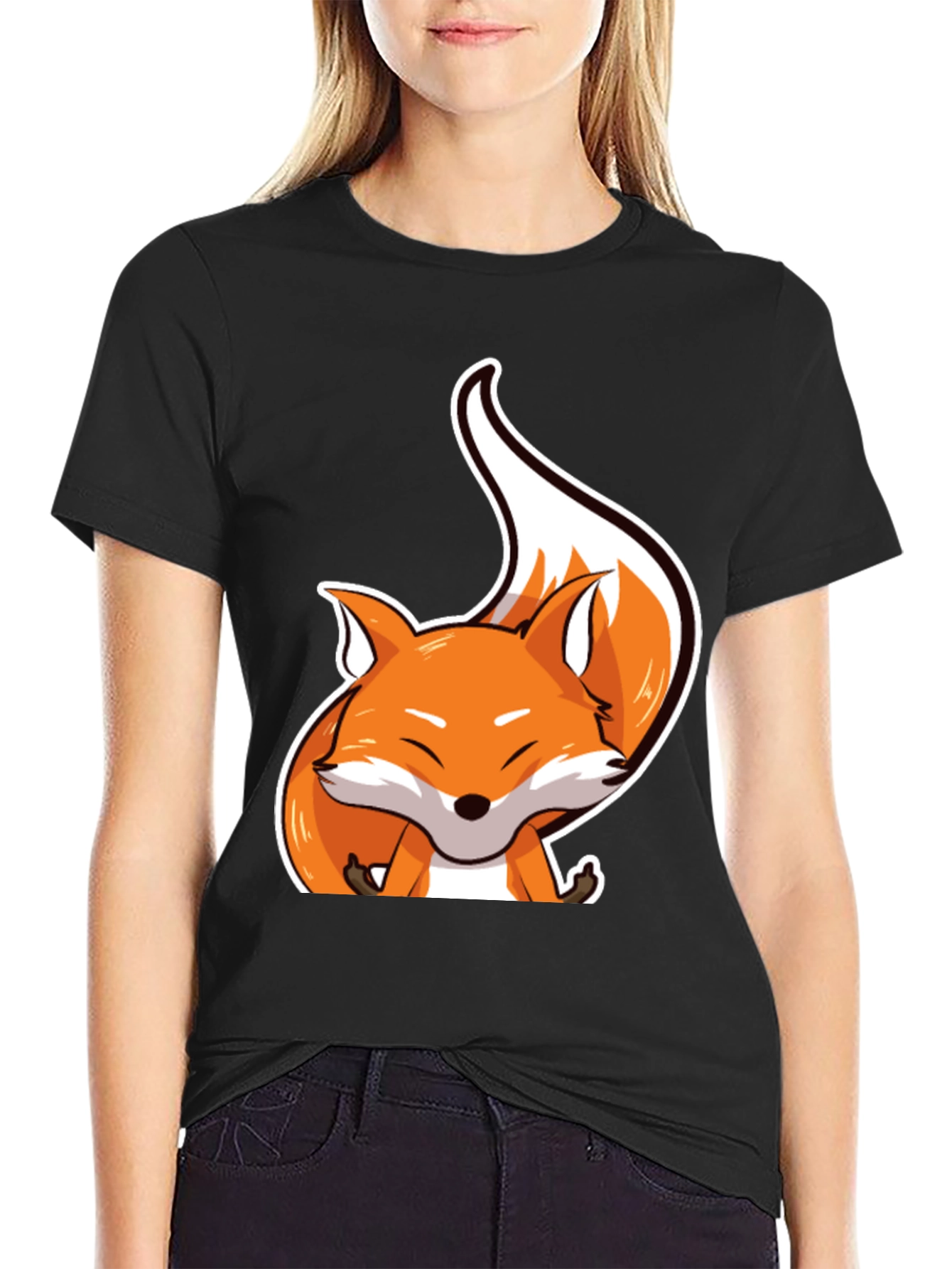 Black Cute Fox Graphic Tee - Unisex Black T-Shirt view 2