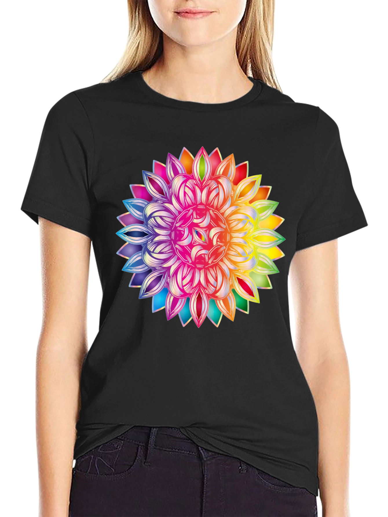 Black Rainbow Mandala Graphic Black T-Shirt view 2