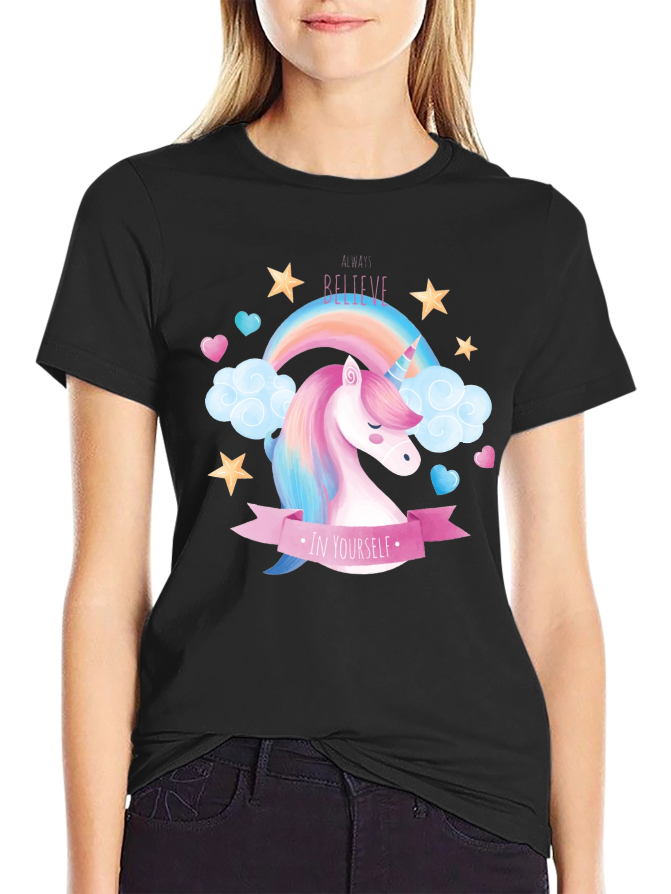 Black Believe In Yourself Unicorn T-Shirt - Black Cotton view 2