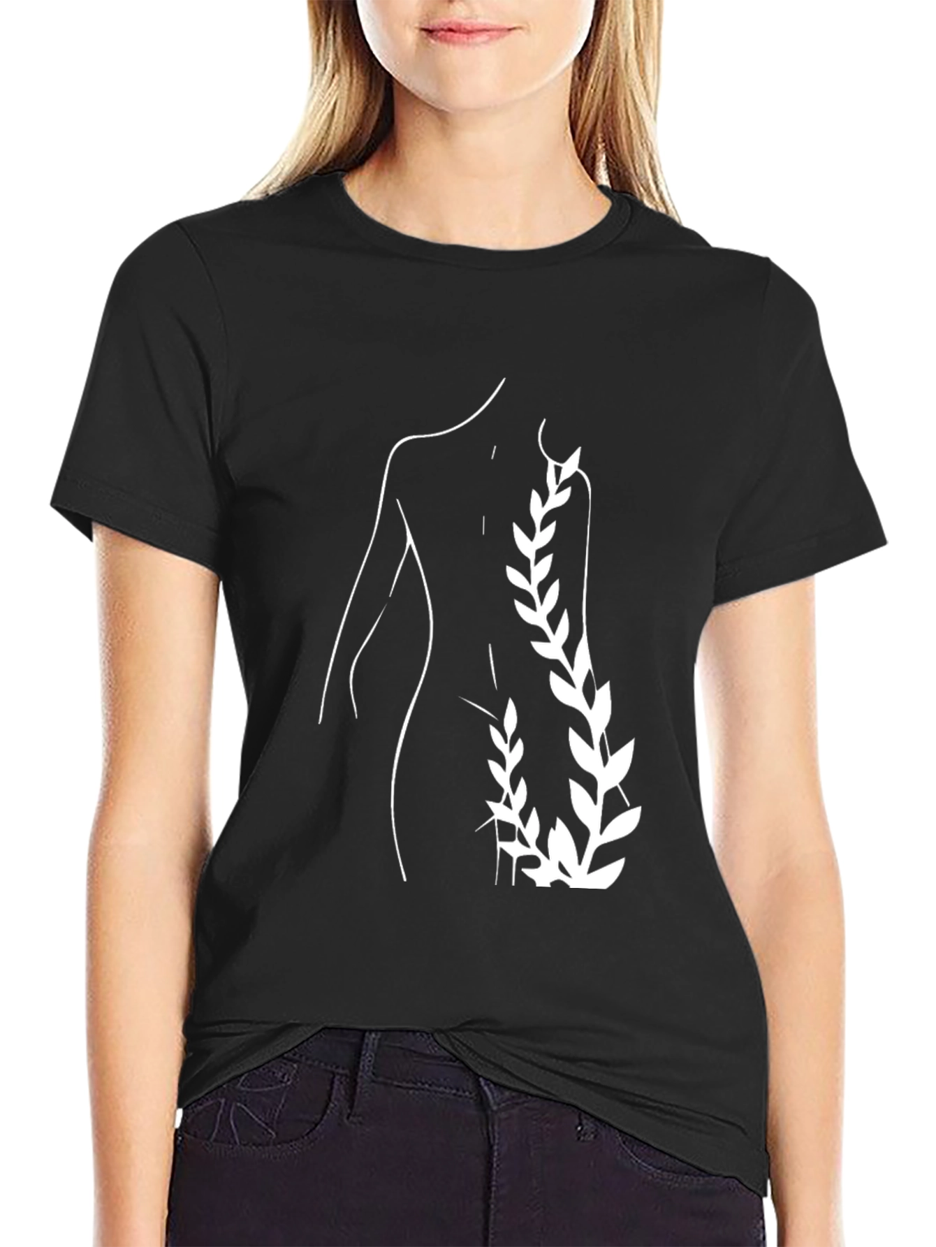 Black Minimalist Silhouette & Leaf Design Black T-Shirt view 2
