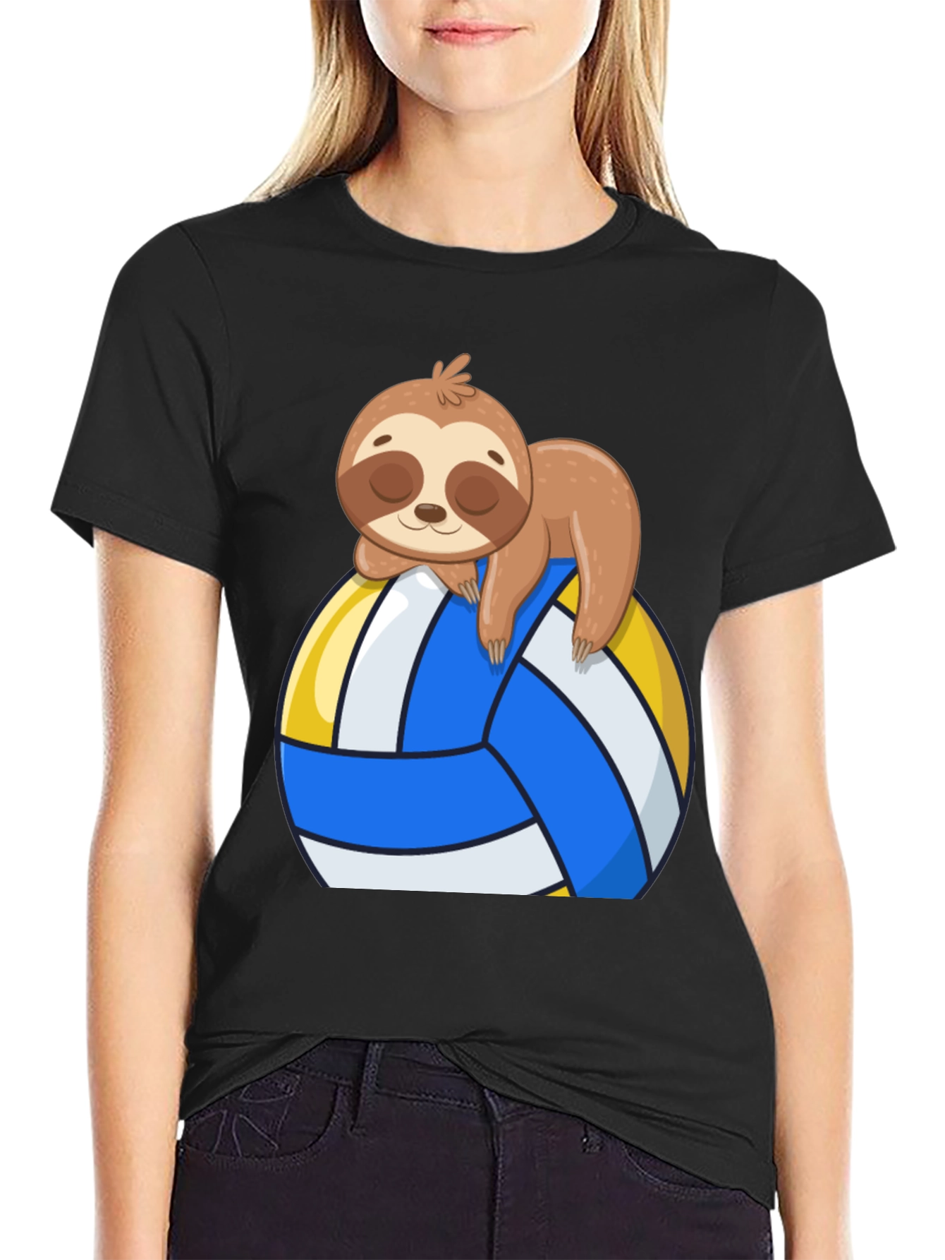 Black Sloth Volleyball T-Shirt - Cute Cartoon Sloth Design view 2