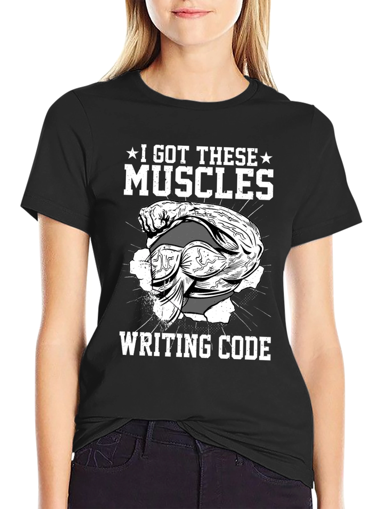 Black I Got These Muscles Writing Code - Novelty T-Shirt view 2