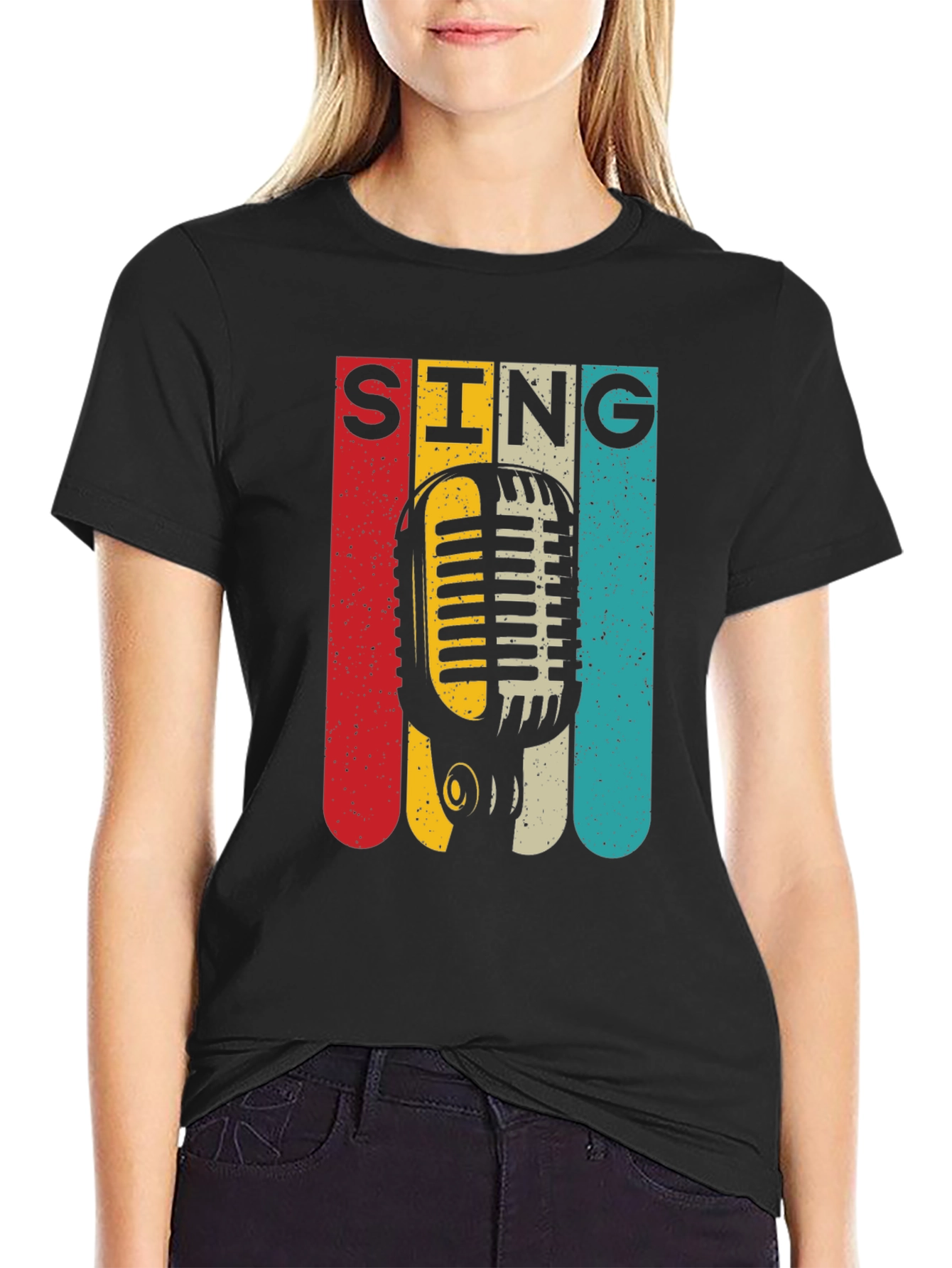 Black Retro Microphone SING Graphic Tee view 2