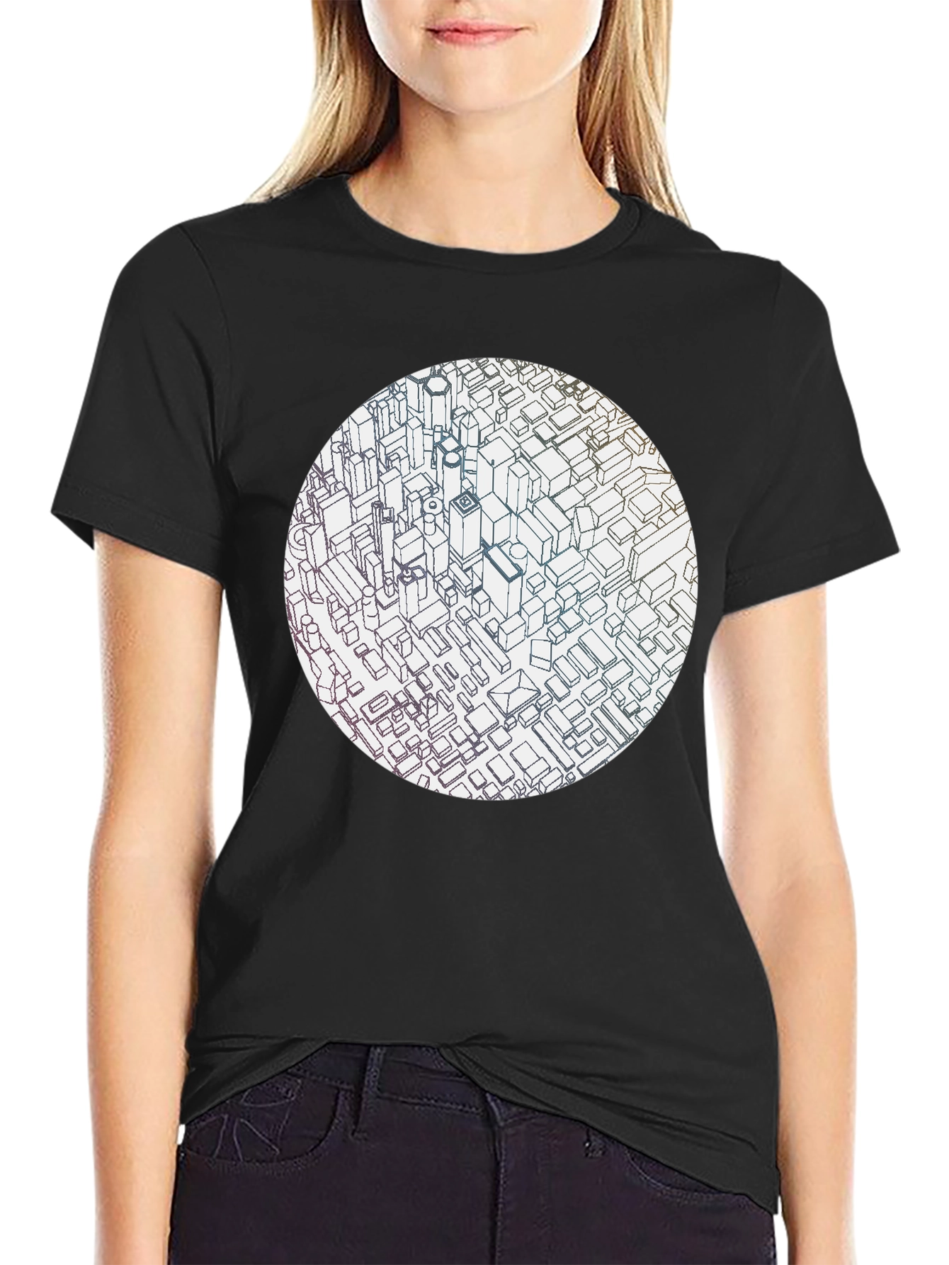 Black Abstract Cityscape Graphic Black T-Shirt view 2