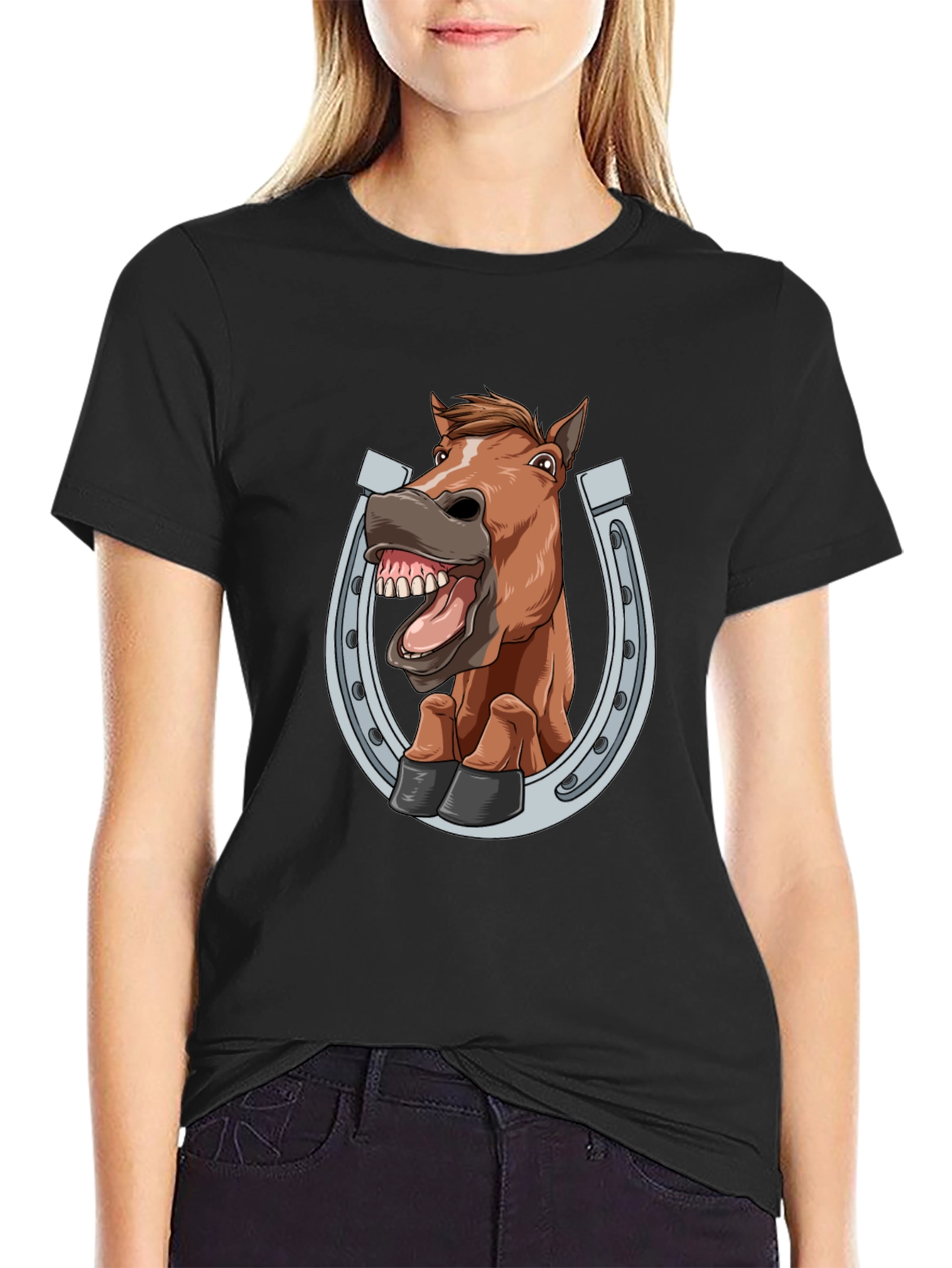 Black Funny Horse in Horseshoe Graphic Tee - Black T-Shirt view 2