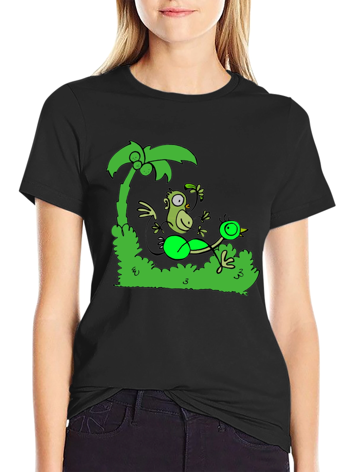 Black Funny Monkey and Bird T-Shirt view 2