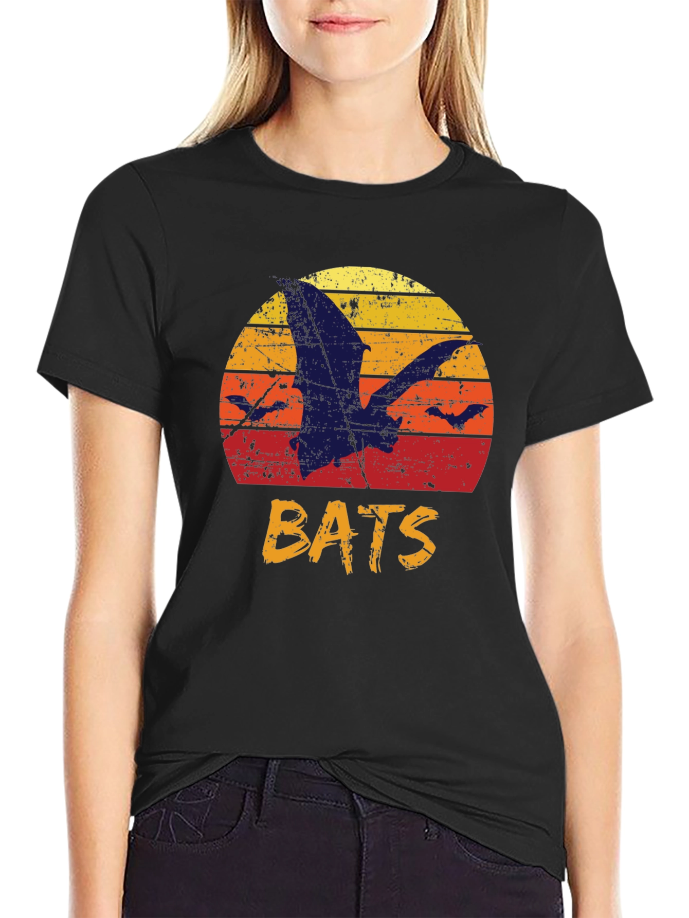 Black Retro Bats Graphic Tee - Vintage Sunset T-Shirt view 2