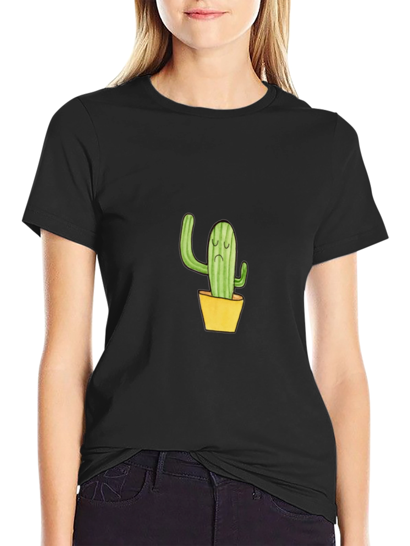 Sad Cactus Graphic Tee - Black Cotton T-Shirt - 2