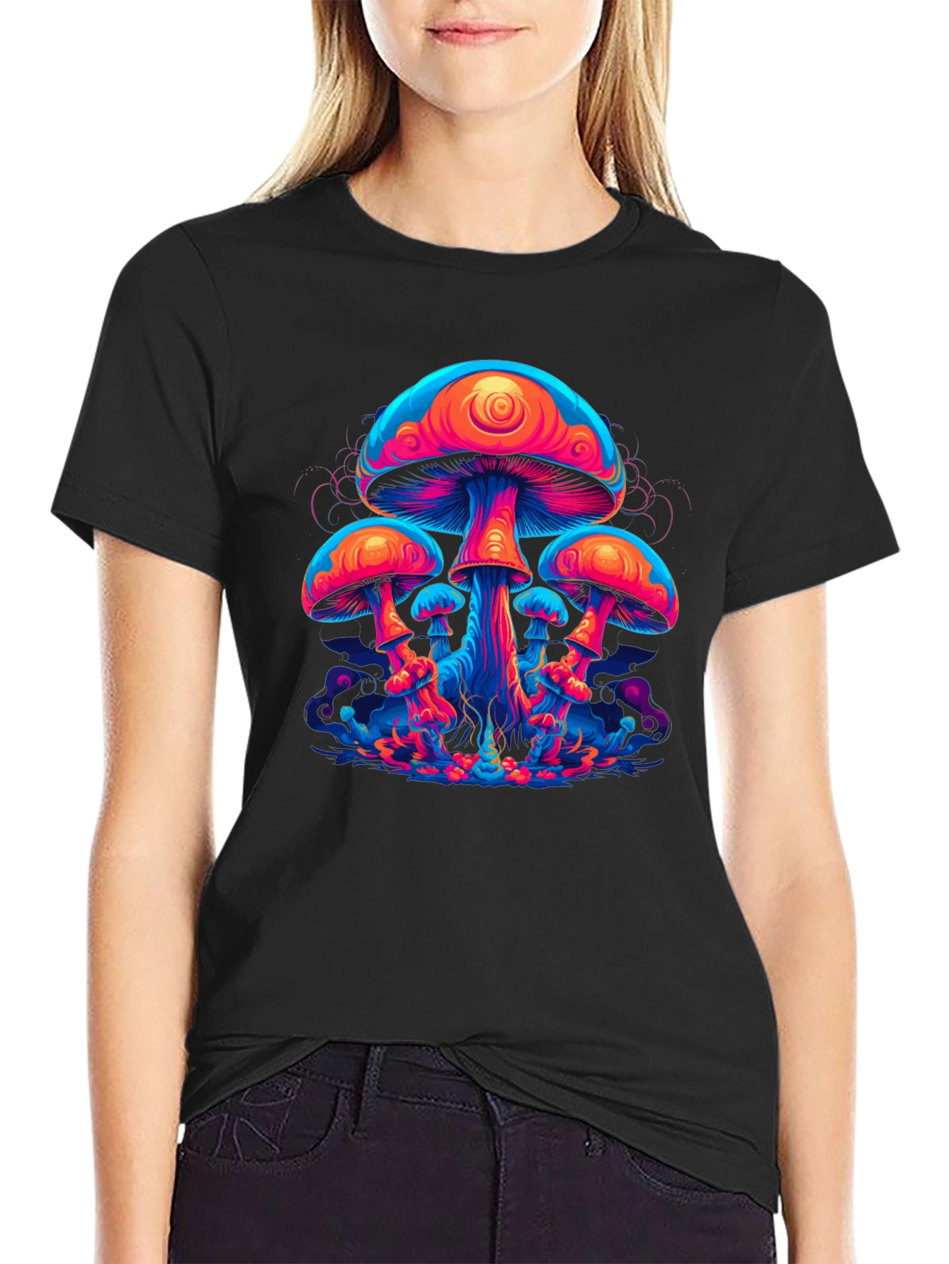 Black Neon Mushroom Graphic Tee - Psychedelic Black T-Shirt view 2