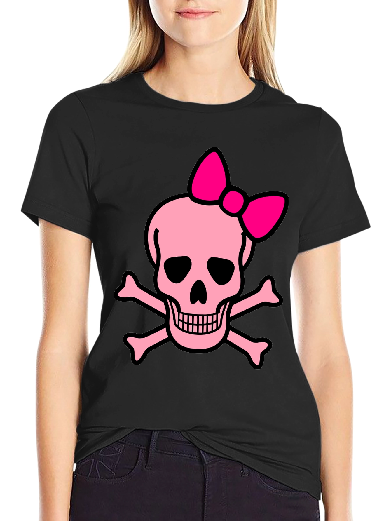 Black Pink Skull & Crossbones Bow T-Shirt view 2