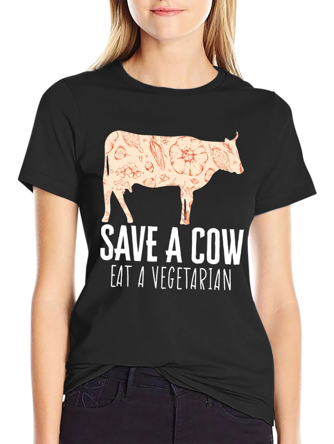 Black Save a Cow Eat a Vegetarian T-Shirt view 2
