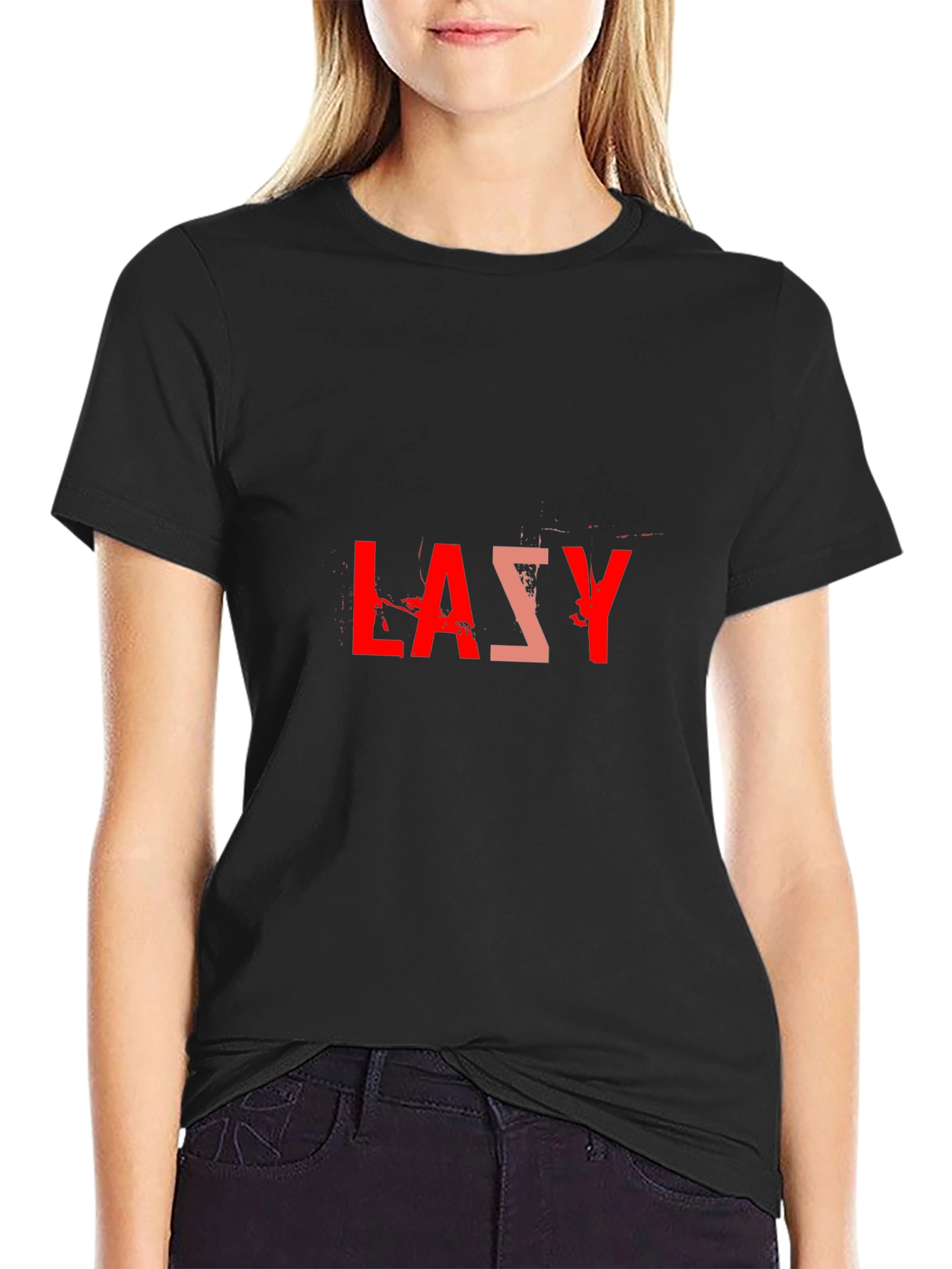 Lazy Graphic Tee - Black Cotton Blend Casual T-Shirt - 2