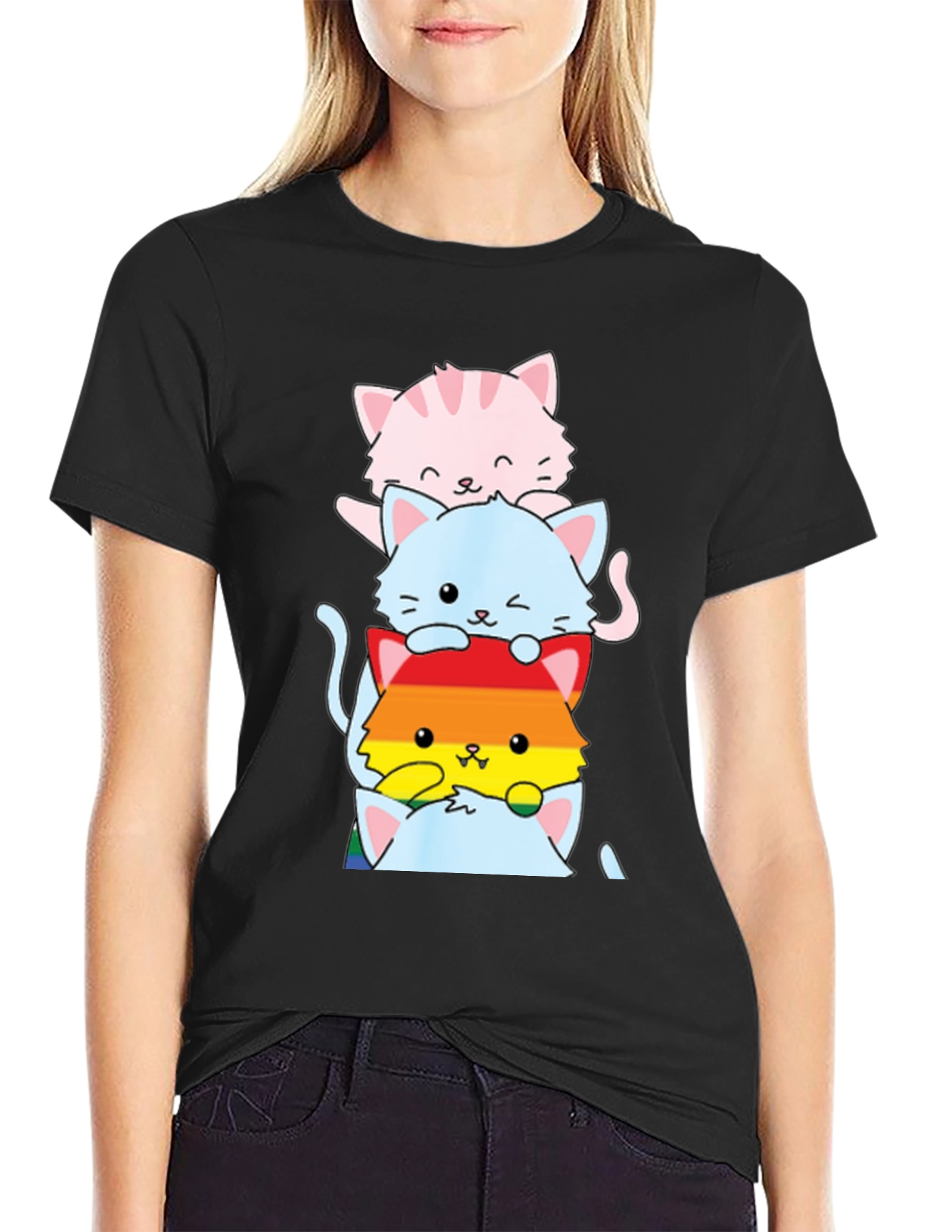 Black Stacked LGBTQ+ Cats T-Shirt view 2